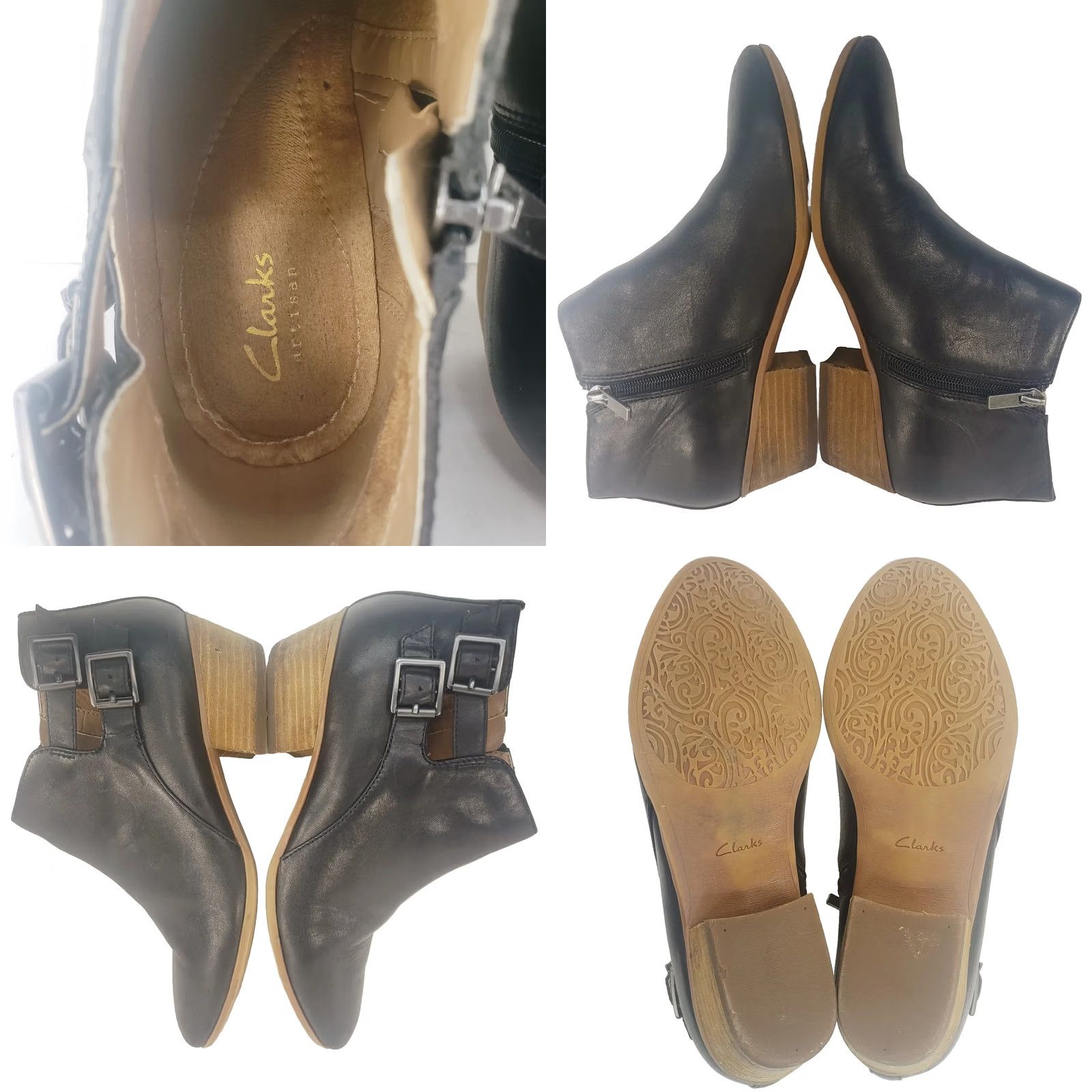 Clarks Clarks Collection Black Leather Ankle Booties Women's 8.5M Almond Toe Side Zip Straps 20701 Size US 9 / IT 39 - 8 Thumbnail