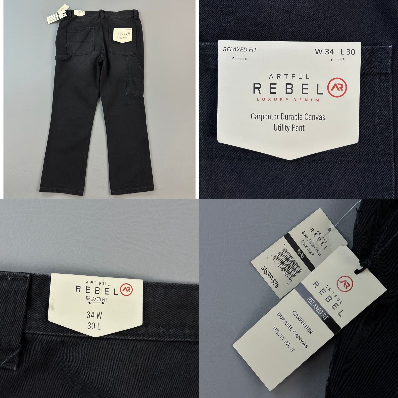 Vintage Artful Rebel Pants Mens 34x30 Black Canvas Relaxed Carpenter Utility Pants Mens 34 36x30 Size US 34 / EU 50 - 8 Thumbnail