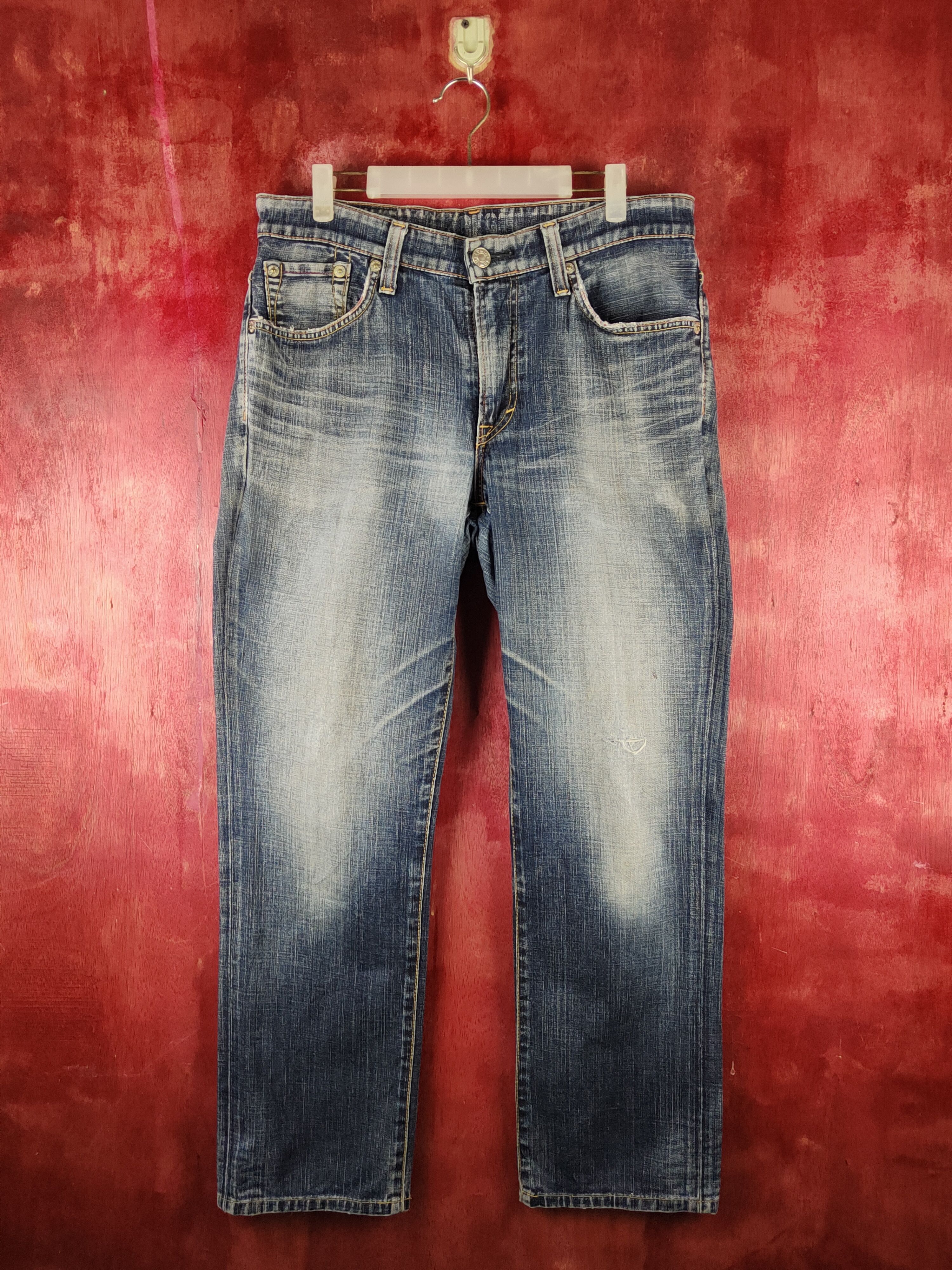 image of Distressed Denim x Edwin Dark Blue Faded Distressed Ripped Jeans S2332 in Dark Blue Denim, Men's