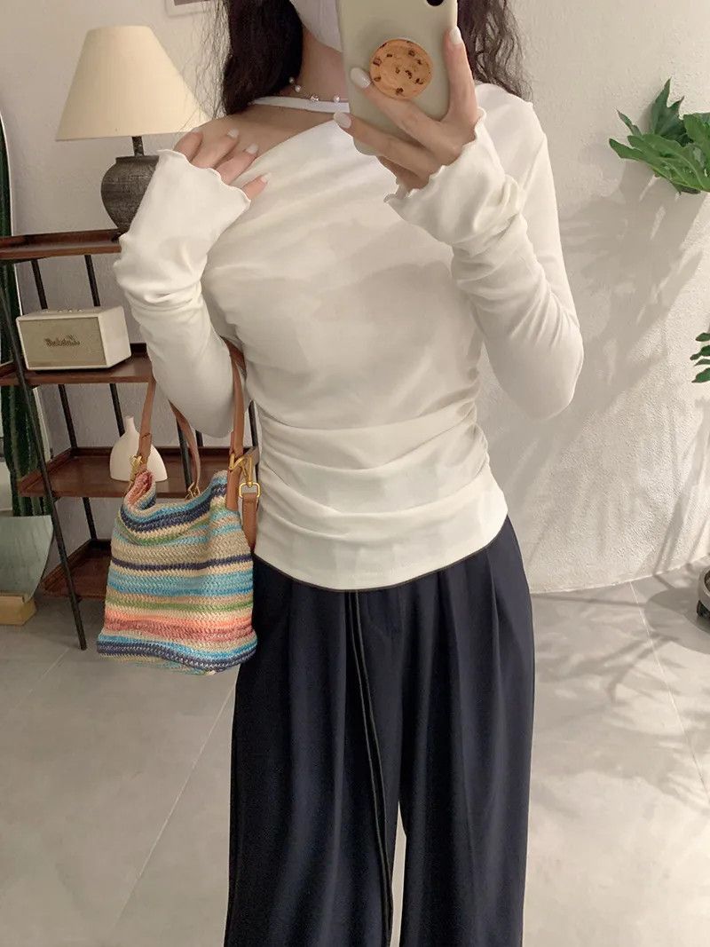 Other Shoulder Collar Solid Long Sleeves Inner Bottoming T-shirt Size ONE SIZE - 2 Thumbnail