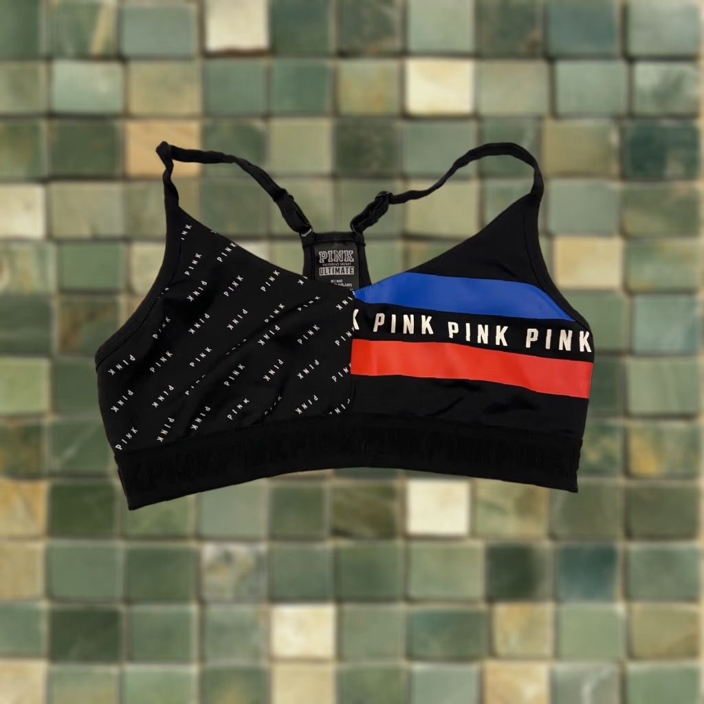 Victoria's Secret Victoria’s Secret Sports Bra Women Medium Multicolor B80 Red Black Blue Stripes Activewear Size ONE SIZE - 1 Thumbnail