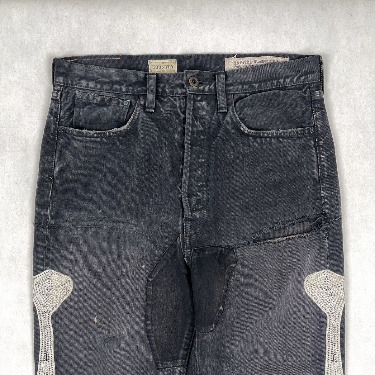 Kapital Kountry FW19 Distressed Denim (Bone/Skeleton Embroidered) Size US 32 / EU 48 - 3 Thumbnail