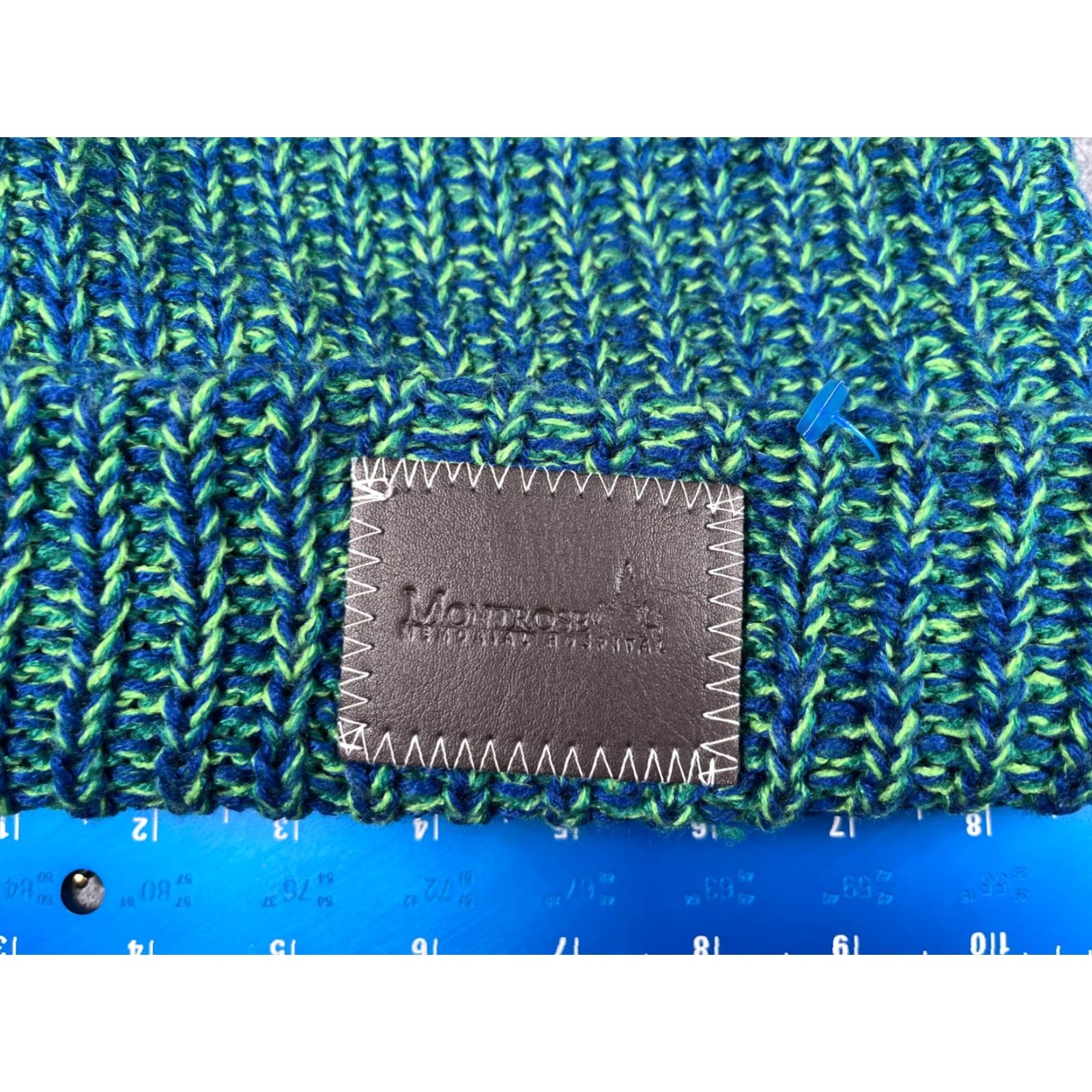 Vintage HitWear Beanie Hat - Knit One Size Unisex Adults - Blue Green Striped Acrylic Pom - Winter Outdoor Ski Hospital Theme Size ONE SIZE - 2 Thumbnail