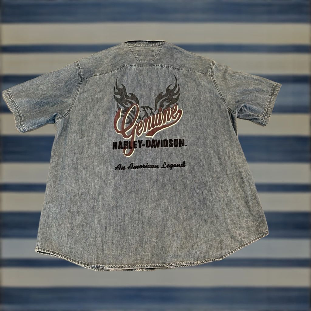 Harley Davidson Harley-Davidson Shirt Short Sleeve Denim Button-Up Blue Embroidered Mens 2XL XXL Size US XXL / EU 58 / 5 - 1 Thumbnail