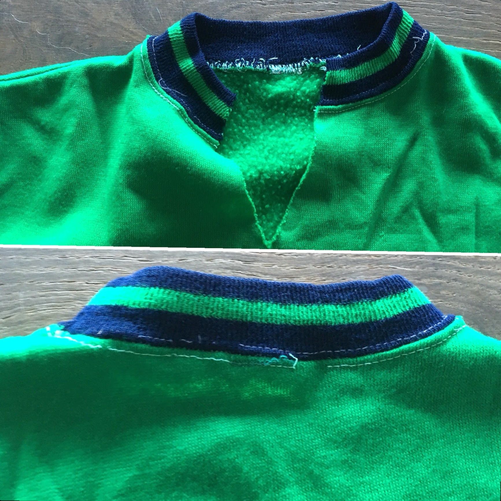Vintage VINTAGE Sweatshirt Green With Navy Striped Neck & Sleeves Ends XS S Sweatshirt Men XS S Green Striped Vintage Mens Size US S / EU 44-46 / 1 - 6 Thumbnail