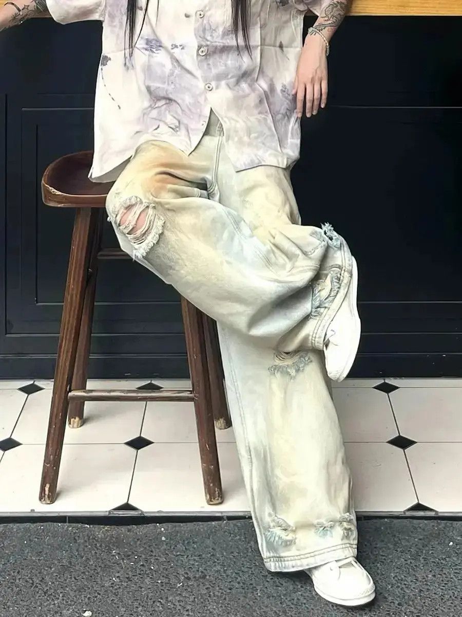 Japanese Brand Straight leg floor mopping mud dyed ripped jeans Size US 32 / EU 48 - 2 Thumbnail