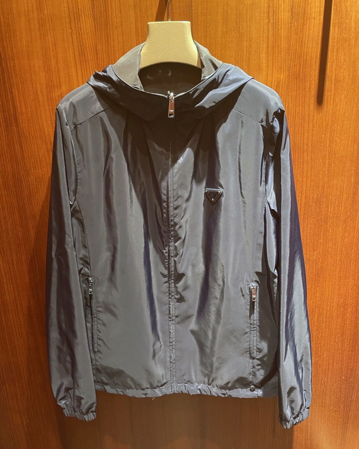 image of Prada Reversible Nylon Hooded Windbreaker Jacket in Navy Blue, Men's (Size 2XL)