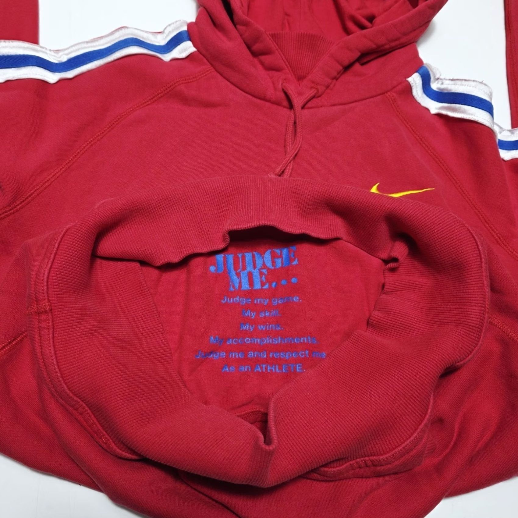 Nike VINTAGE Nike Hoodie Women’s Athlete Graphic Red White Blue Swoosh Small (4-6) Hoodie Womens Small Red Blue 90s Activewear Pullover Striped Nike Size S / US 4 / IT 40 - 7 Thumbnail