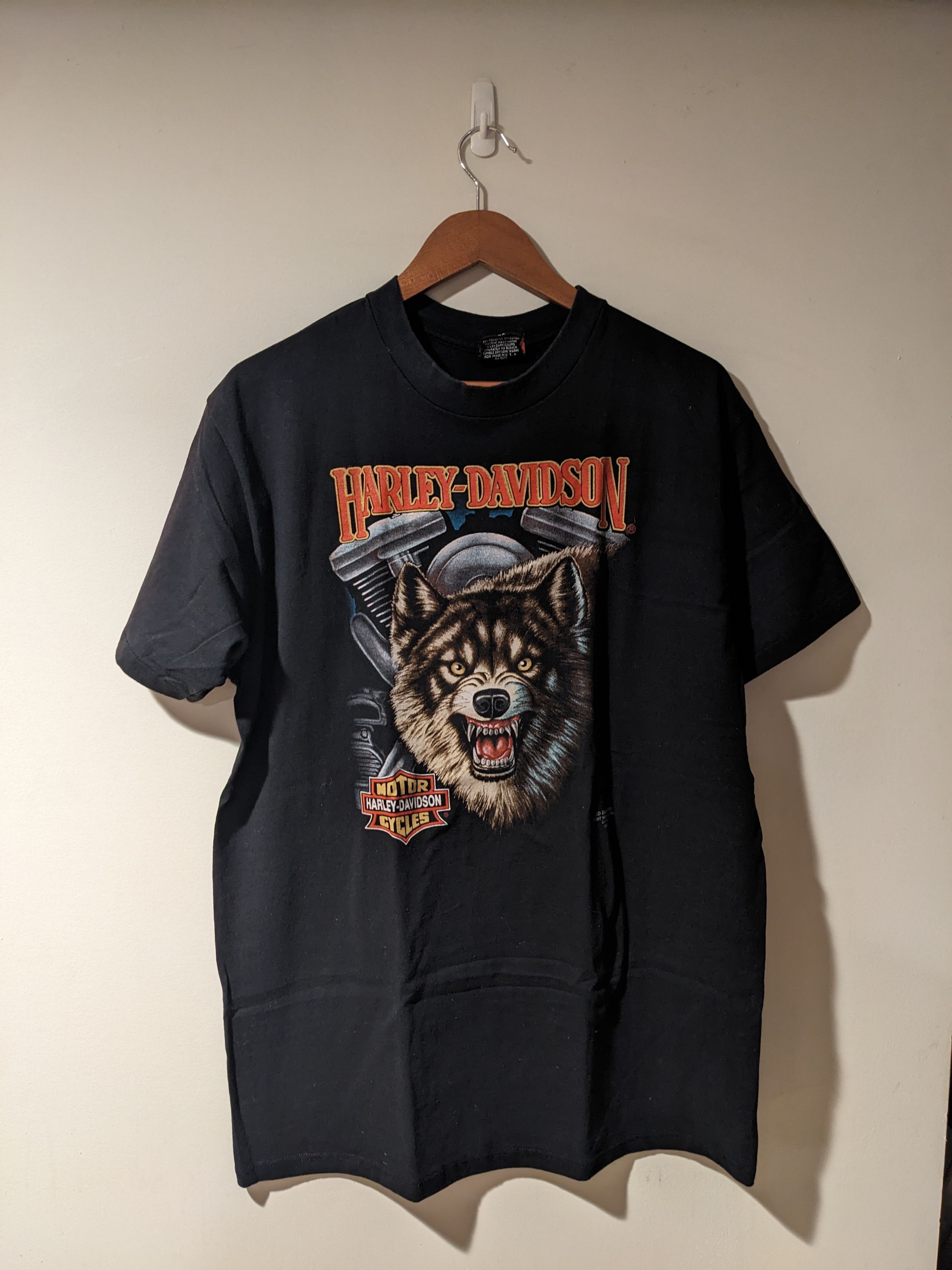Vintage 1991 Harley Davidson 3D Emblem Wolf Animal T-Shirt - Tops