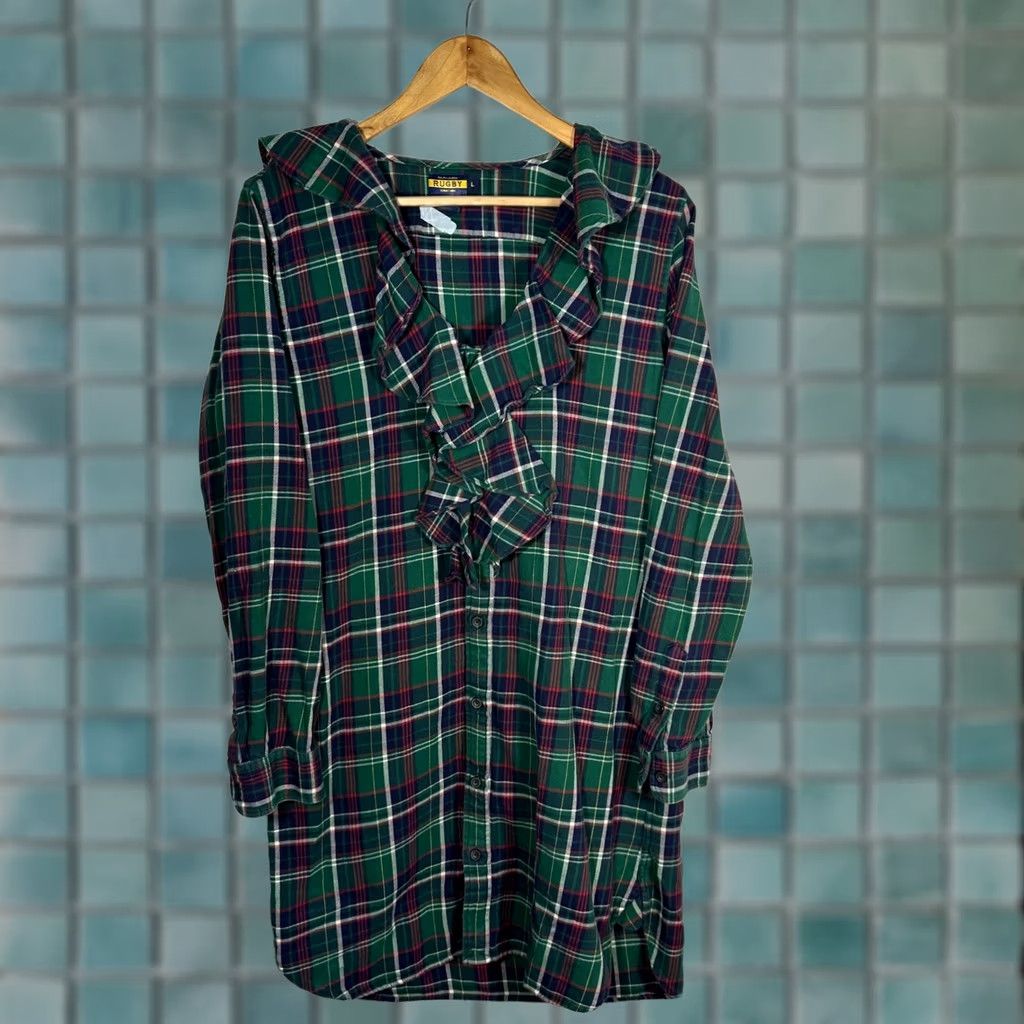 Ralph Lauren Rugby Ralph Lauren Shirt Dress Green Plaid Flannel Ruffle Neck Button Front Long Sleeve Womens L Size L / US 10 / IT 46 - 1 Thumbnail