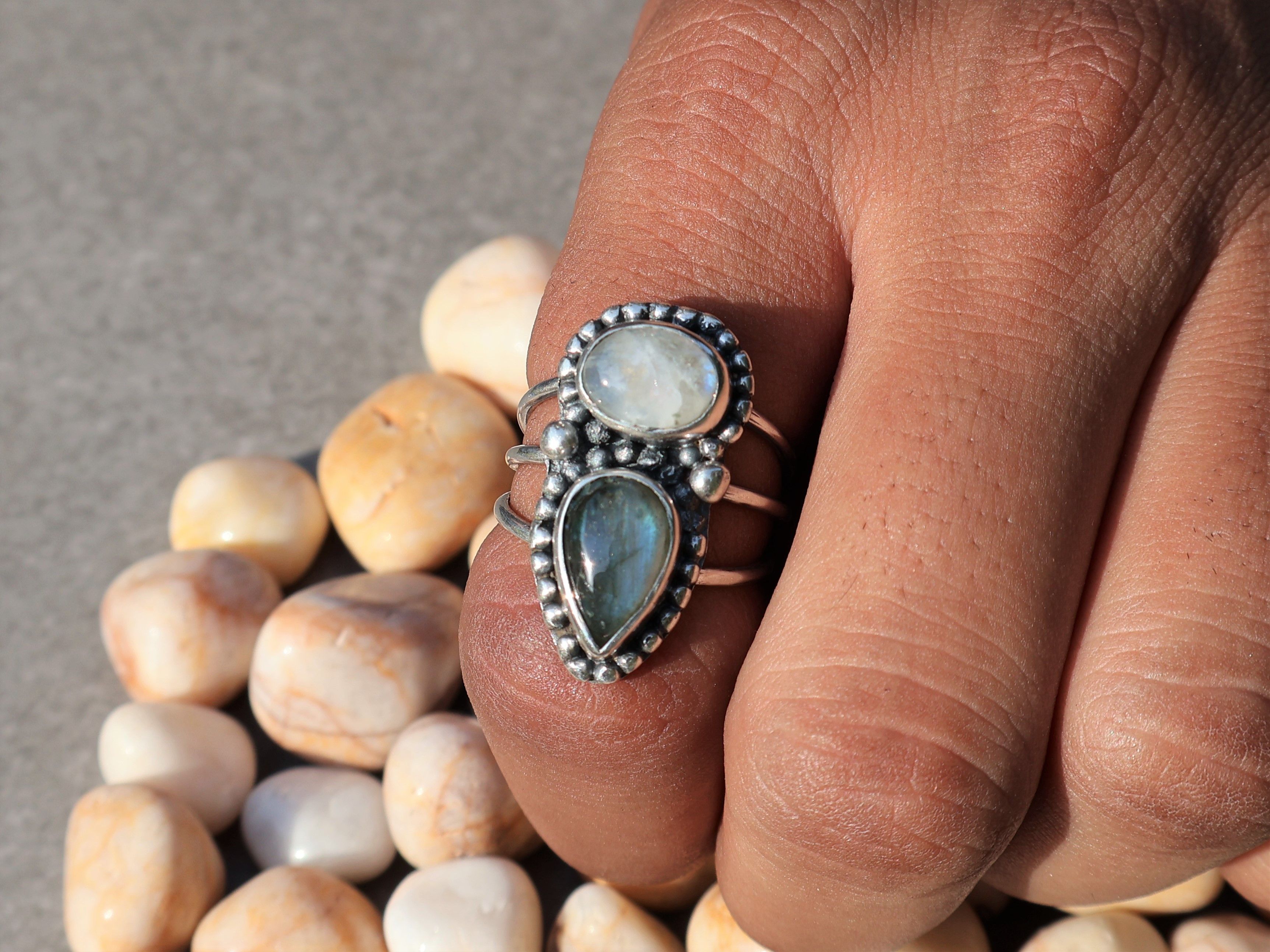 Handmade Moonstone Labradorite Ring, Handmade Sterling Silver Ring, Size ONE SIZE - 5 Thumbnail