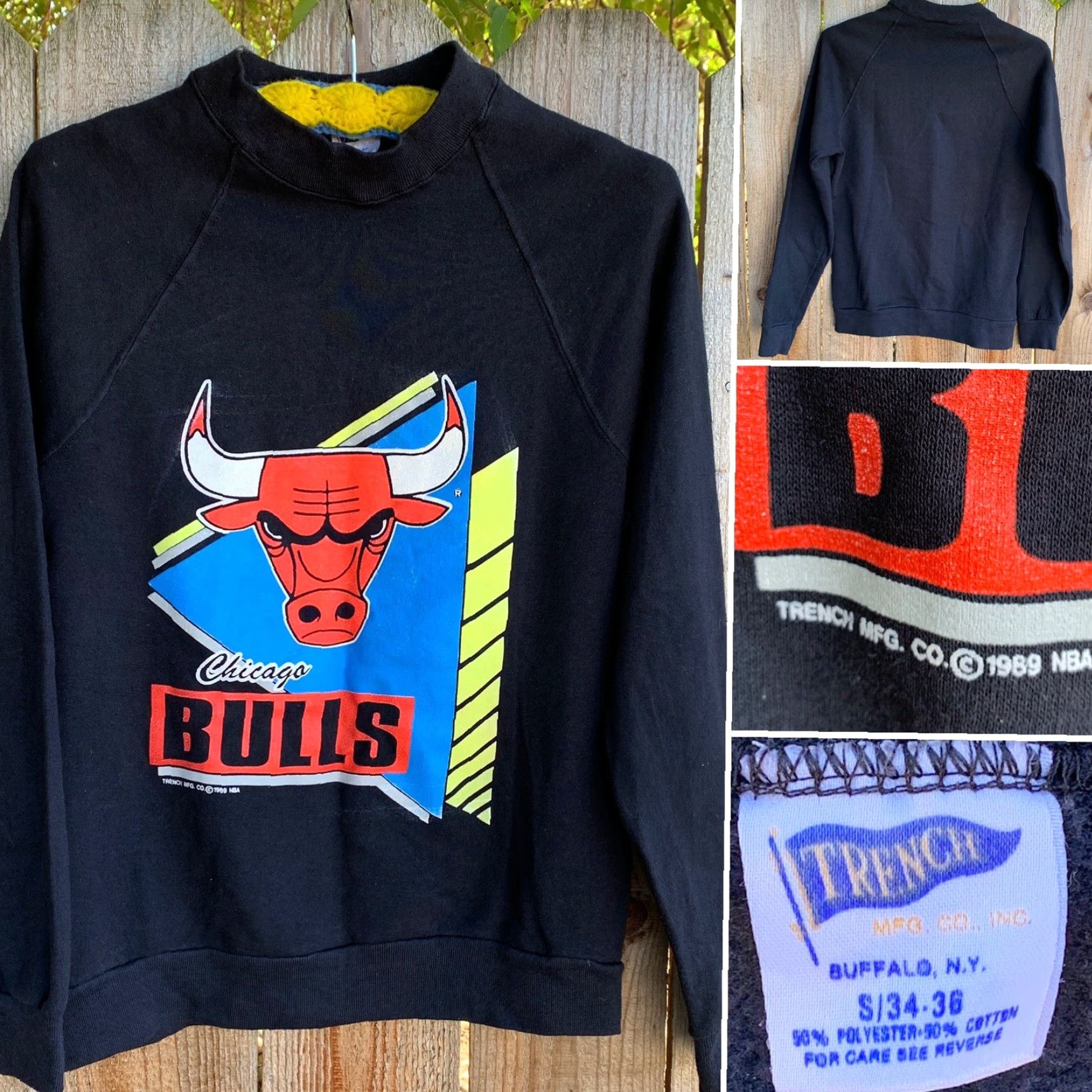 CO VINTAGE Chicago Bulls Sweatshirt Trench Mfg Co c 1989 NBA 1980s Size S Mens Black Cotton Blend Pullover Graphic Print 80s Sports Sweatshirt Size US S / EU 44-46 / 1 - 2 Thumbnail