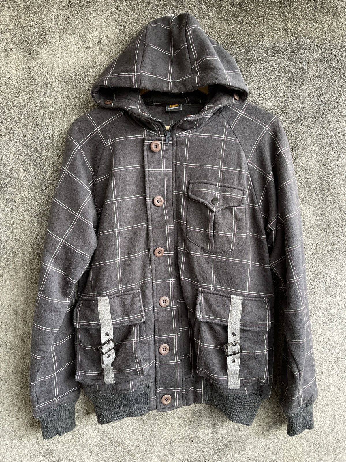 image of Alpha Numeric Clothing x Vintage VTG Alpha Numeric Bondage Multipocket Hoodie in Grey (Size Large)