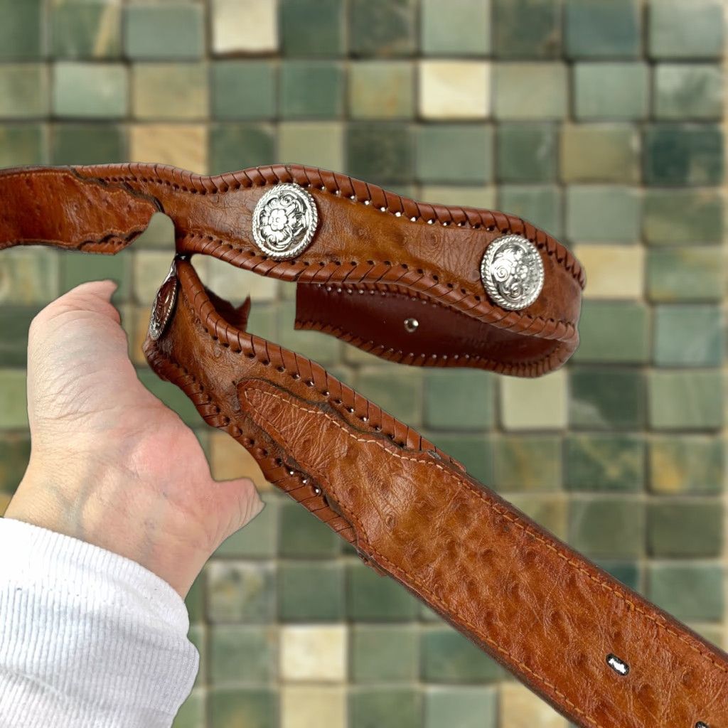 Vintage VINTAGE Western Belt Men's Brown Ostrich Print Concho Braided Edge 39" Brown 1.5" Mens 39" Silver-Tone Metal Concho Accessories Size 38 - 1 Thumbnail