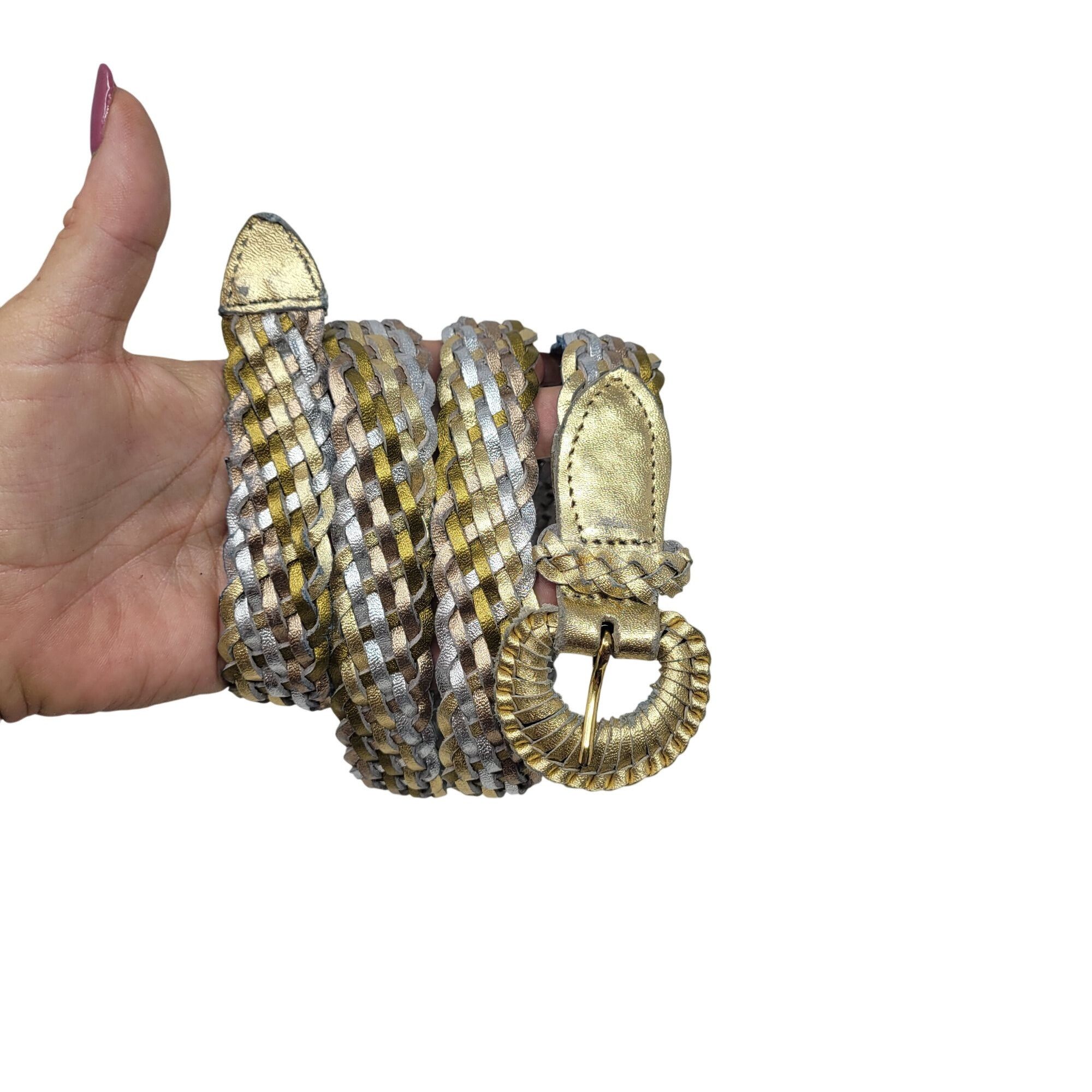 Vtg Metallic Gold Silver Platinum Braided Leather Belt Sz XL