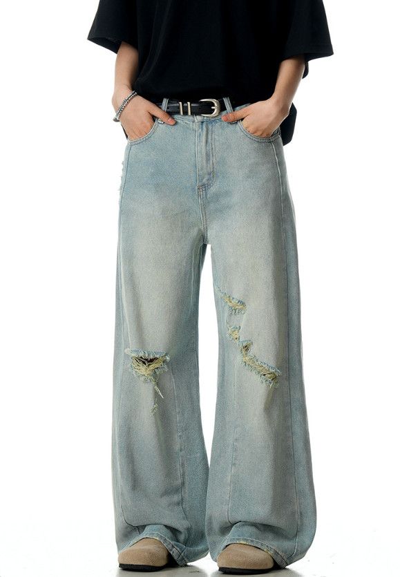 Jean American retro men's loose wide-leg casual ripped jeans Size US 32 / EU 48 - 3 Thumbnail