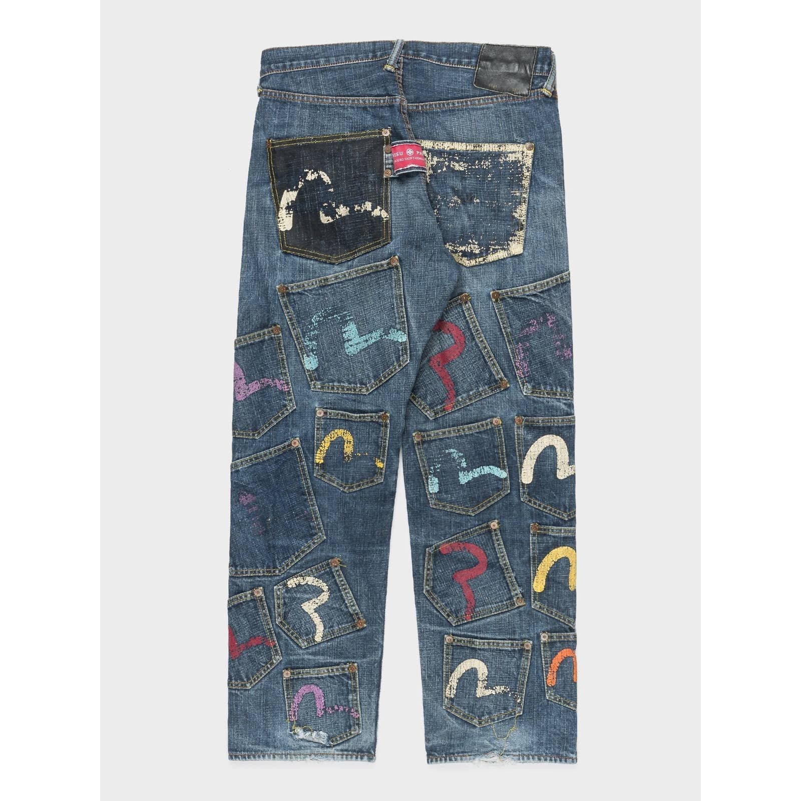 image of Evisu Multi Pocket Painted Jeans in Blue, Men's (Size 34)