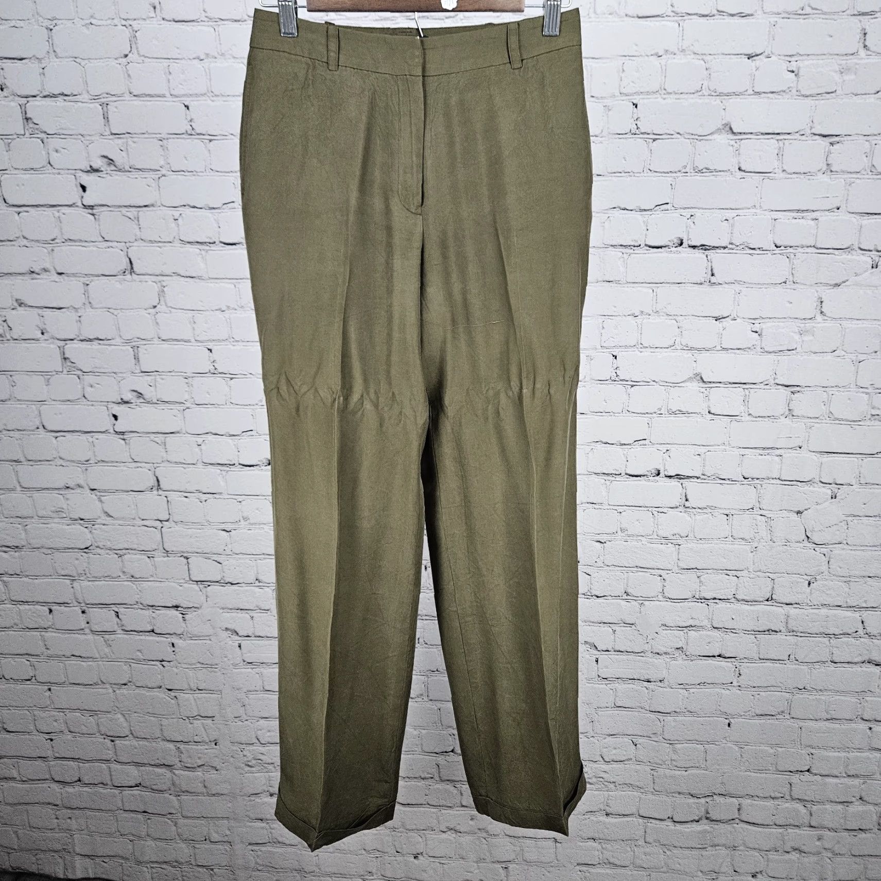 Ann Taylor Ann Taylor Green 100% Silk Mid Rise Lined Cuffed Straight Dress Pants 4 (26x30) Womens Size 27" / US 4 / IT 40 - 2 Thumbnail