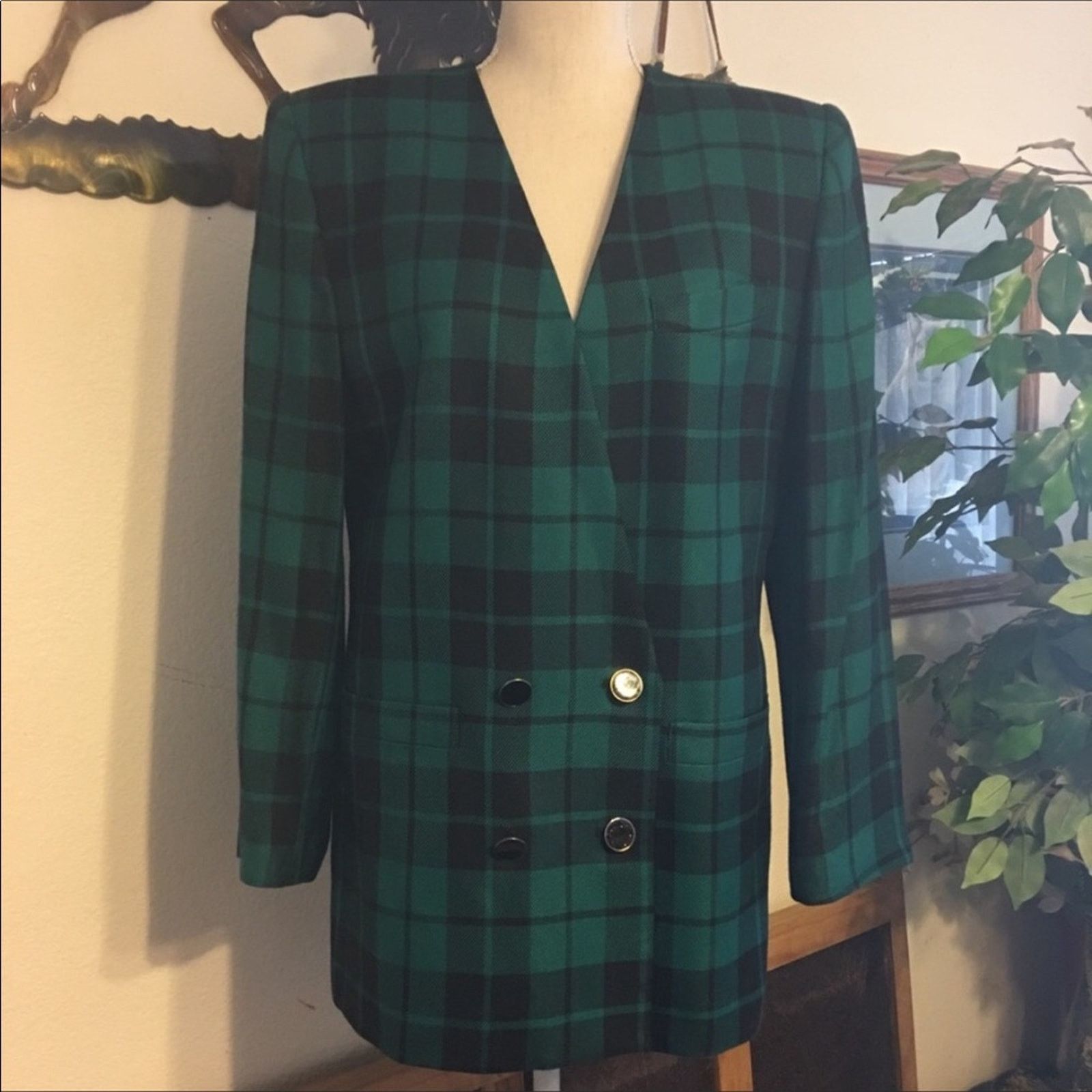 Vintage Vintage Kasper ASL green plaid button front blazer Size L / US 10 / IT 46 - 1 Thumbnail