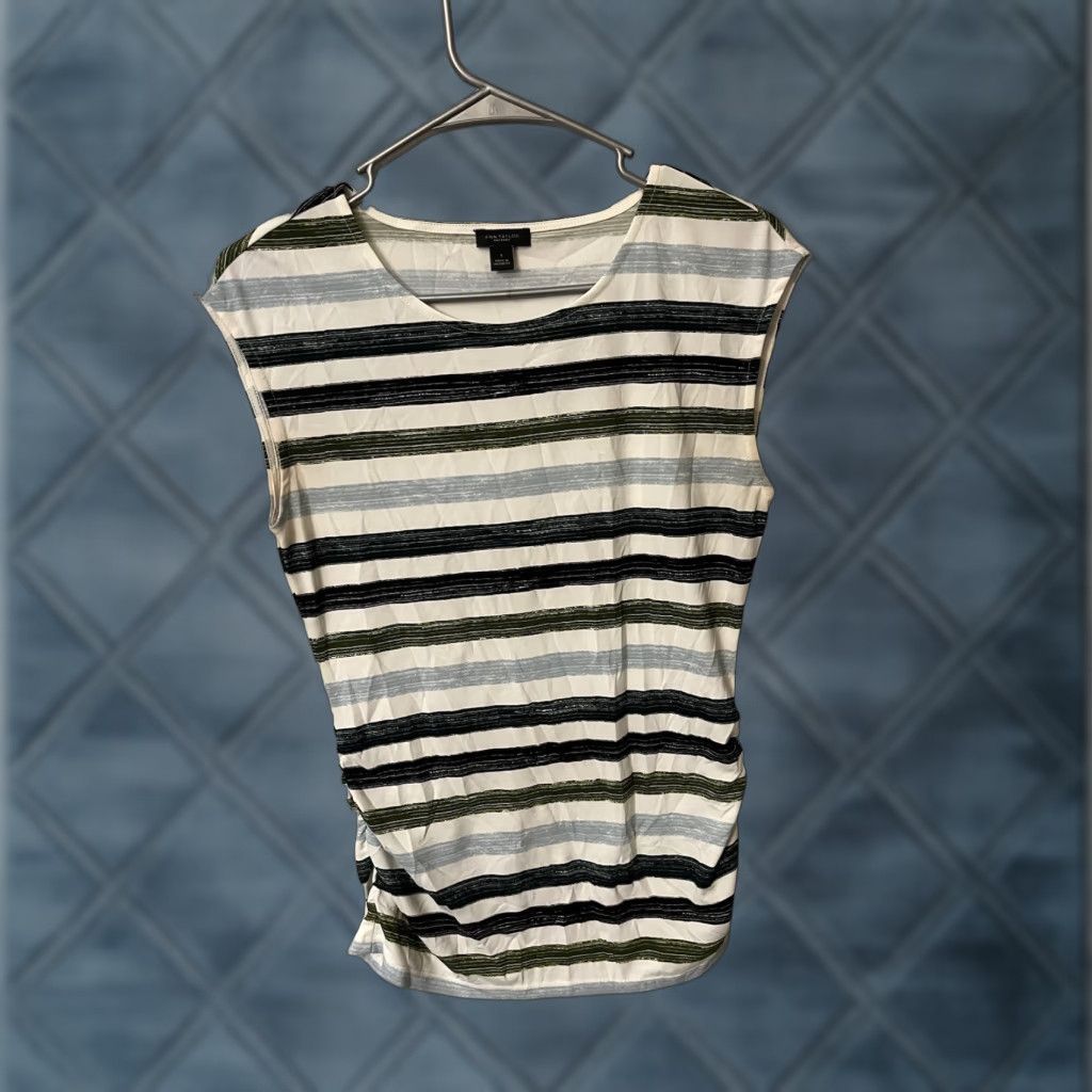 Ann Taylor Ann Taylor Women's Blouse Sleeveless Striped Round Neck Multicolor Polyester Rayon Classic Casual Sz S EUC Size S / US 4 / IT 40 - 1 Thumbnail