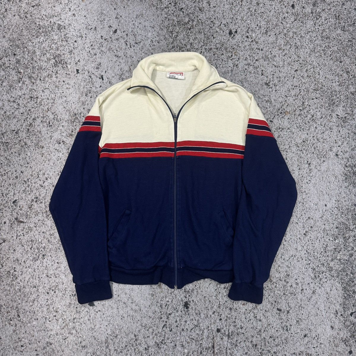 Vintage 80s Cotton Acrylic Striped Zip Up Track Jacket ERD Raimundo Size US L / EU 52-54 / 3 - 1 Thumbnail