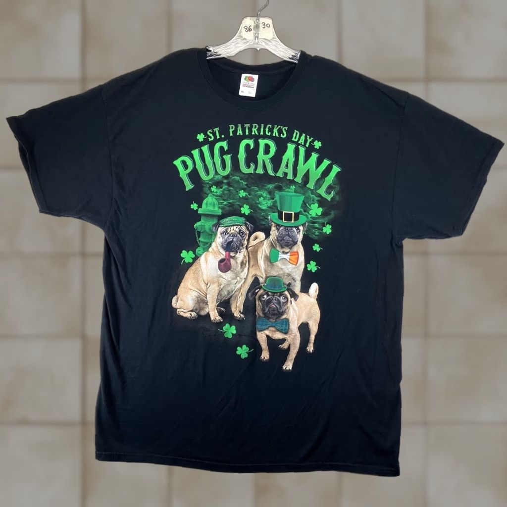 Fruit Of The Loom VINTAGE Fruit of the Loom Men’s T-Shirt 2XL Black Short Sleeve Pug Dog St. Patrick’s Day Funny Graphic Size US XXL / EU 58 / 5 - 1 Thumbnail