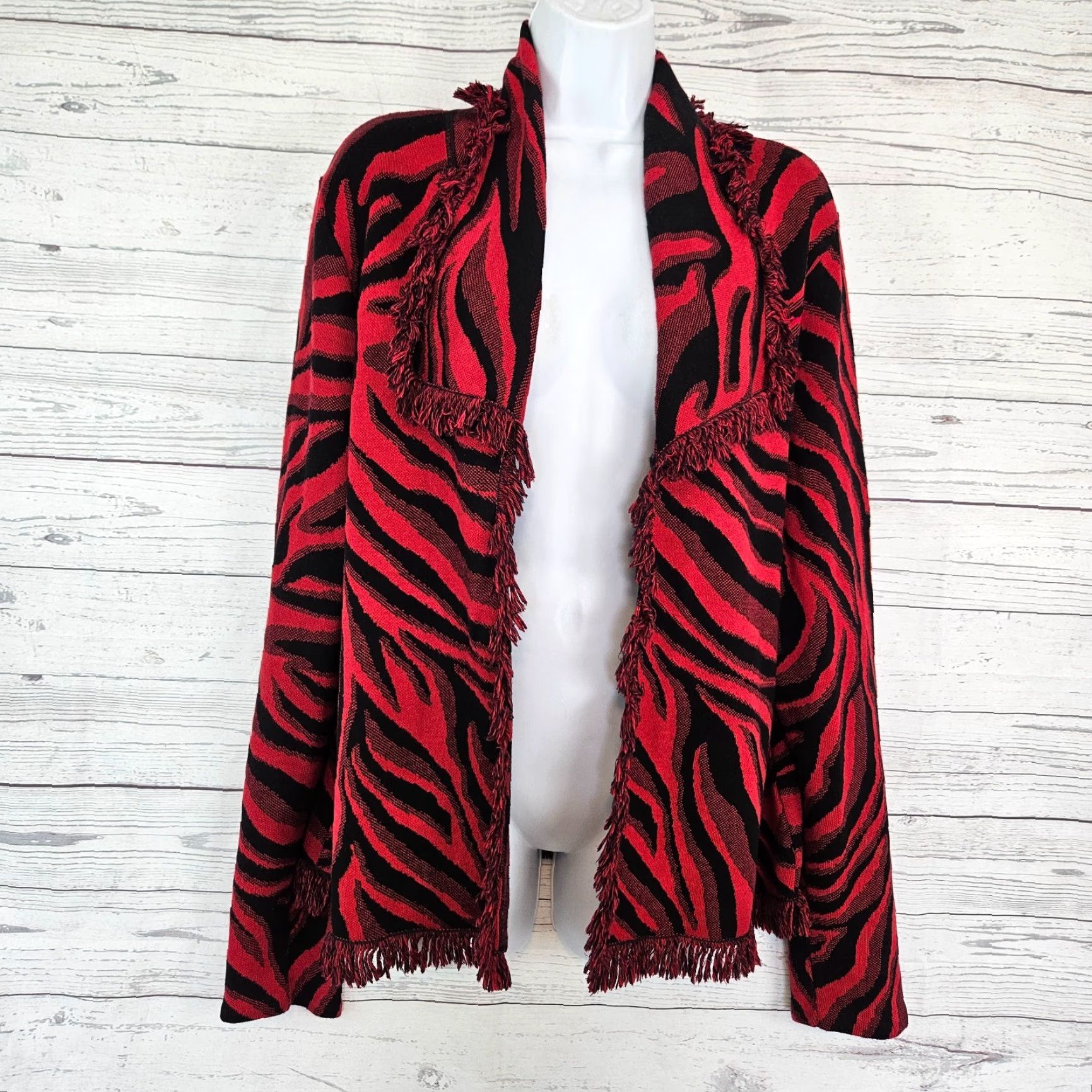 Vintage Chico's Womens Cardigan XL Red Black Animal Print Fringe Cotton Long Sleeve Sweater Size XL / US 12-14 / IT 48-50 - 2 Thumbnail