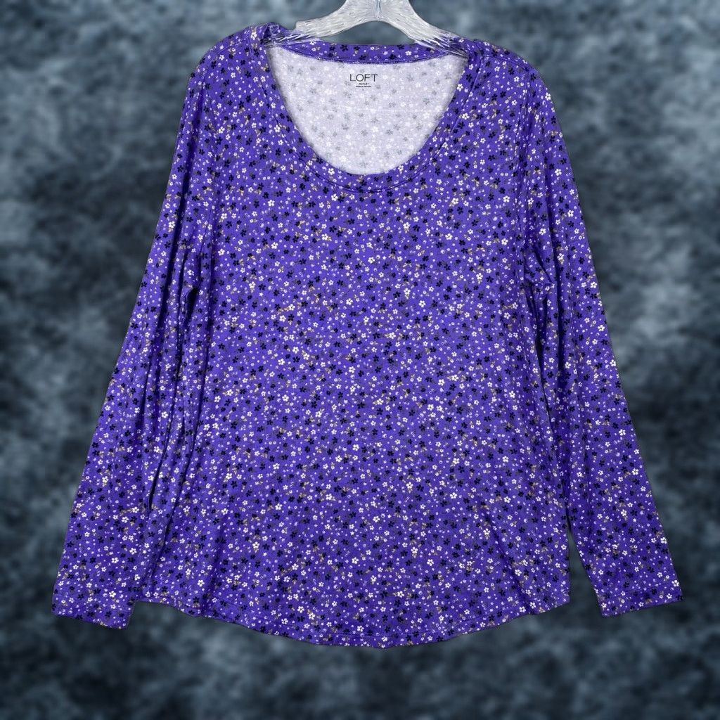 Ann Taylor Ann Taylor LOFT Blouse Top L Purple Micro Floral Knit Long Sleeve Scoop Neck Casual Boho Pattern Floral Women's Shirt) Size L / US 10 / IT 46 - 1 Thumbnail