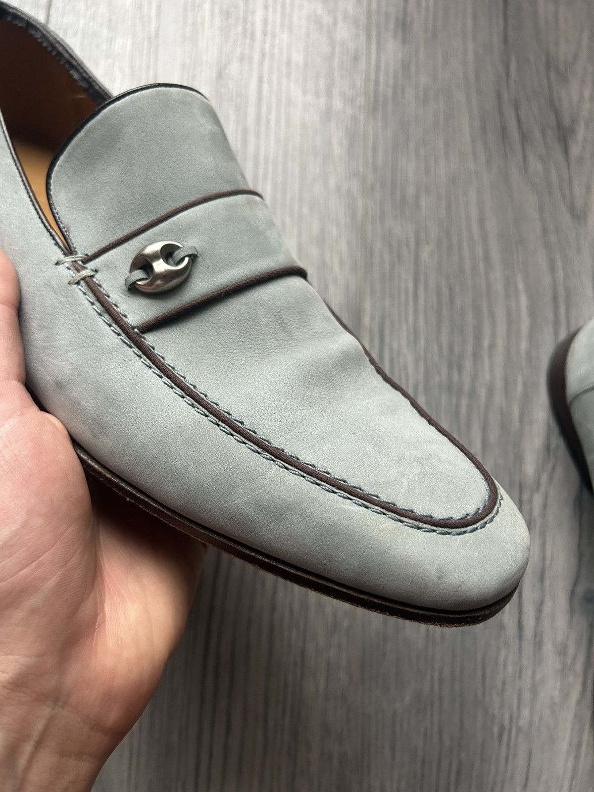 Gucci Gucci Light Blue Suede Loafers with Metal Accent - Size 43E Size US 10 / EU 43 - 18 Thumbnail