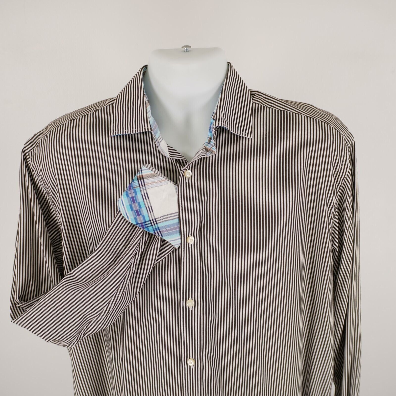 Designer Thomas Dean Brown Striped Pima Cotton Flip Cuff Large Collar Size US L / EU 52-54 / 3 - 1 Thumbnail