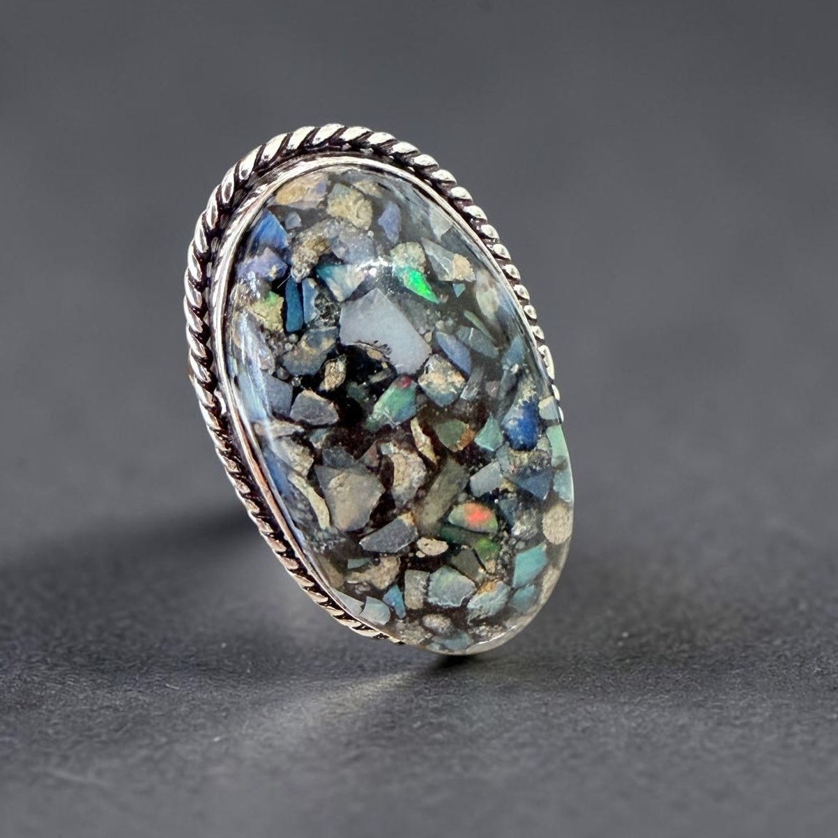 Other Ethiopian Opal Chip Inlay 925 Silver Plated Ring Size ONE SIZE - 1 Thumbnail
