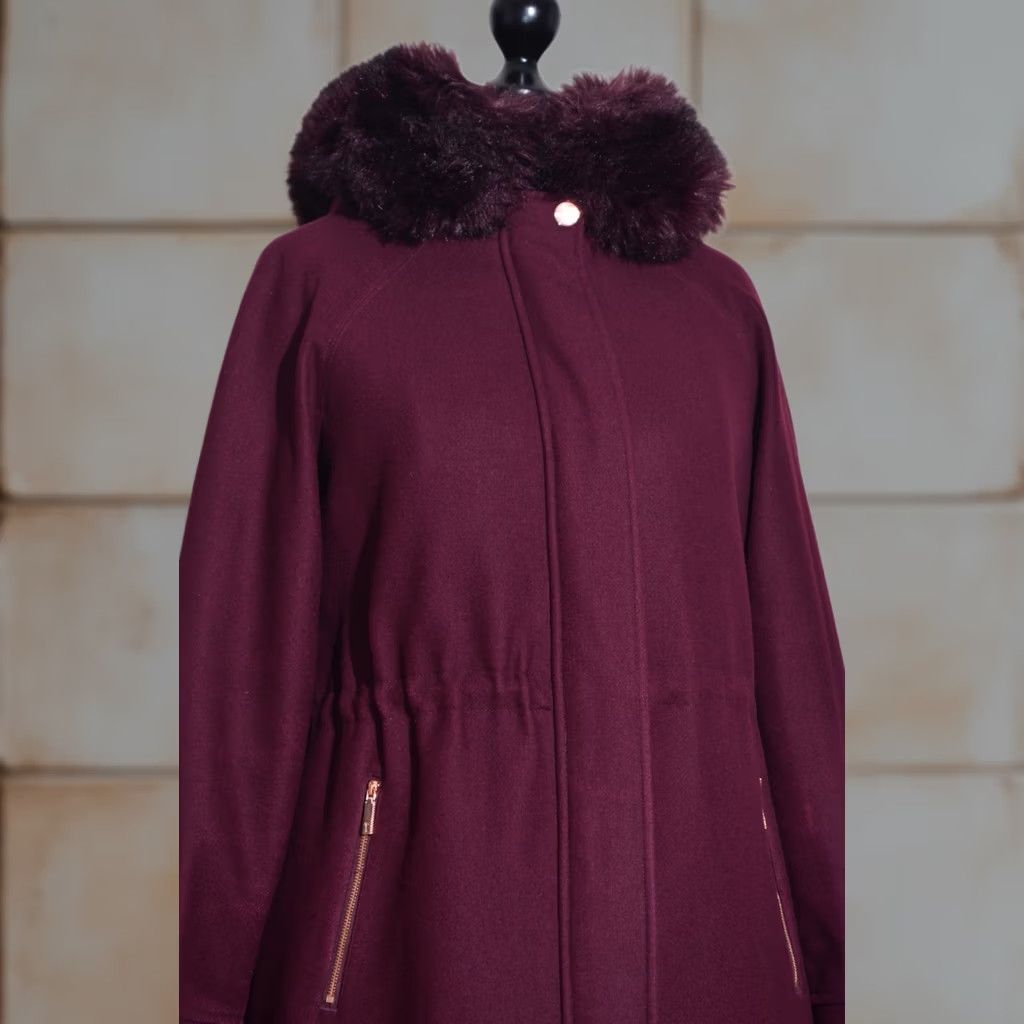 Ted Baker Ted Baker Women's Coat Wool Blend Burgundy Faux Fur Collar Overcoat Winter, Size 2, Regular, Long Sleeve, Zip, Button, Casual, Designer, Adult Womens Size XS / US 0-2 / IT 36-38 - 1 Thumbnail