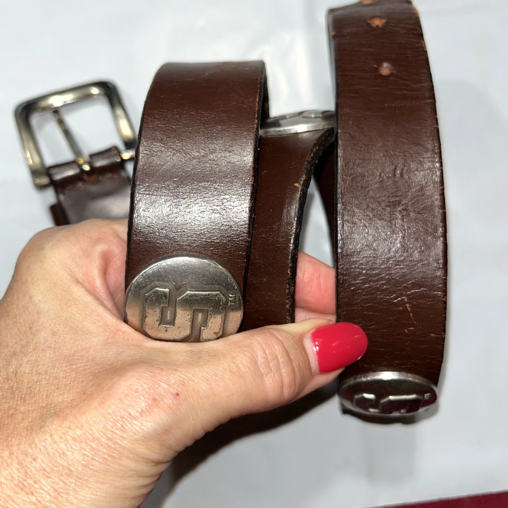 Vintage Michigan State Spartans Leather Belt 33-37 Men Brown Silver Conchos Mexico Size 32 - 7 Thumbnail