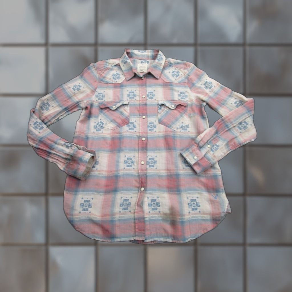 American Eagle Outfitters American Eagle Plaid Long Sleeve Shirt Womens Small Pink Blue Embroidered Snap Button-Up Western Cowgirl Bohemian Womens Size S / US 4 / IT 40 - 1 Thumbnail