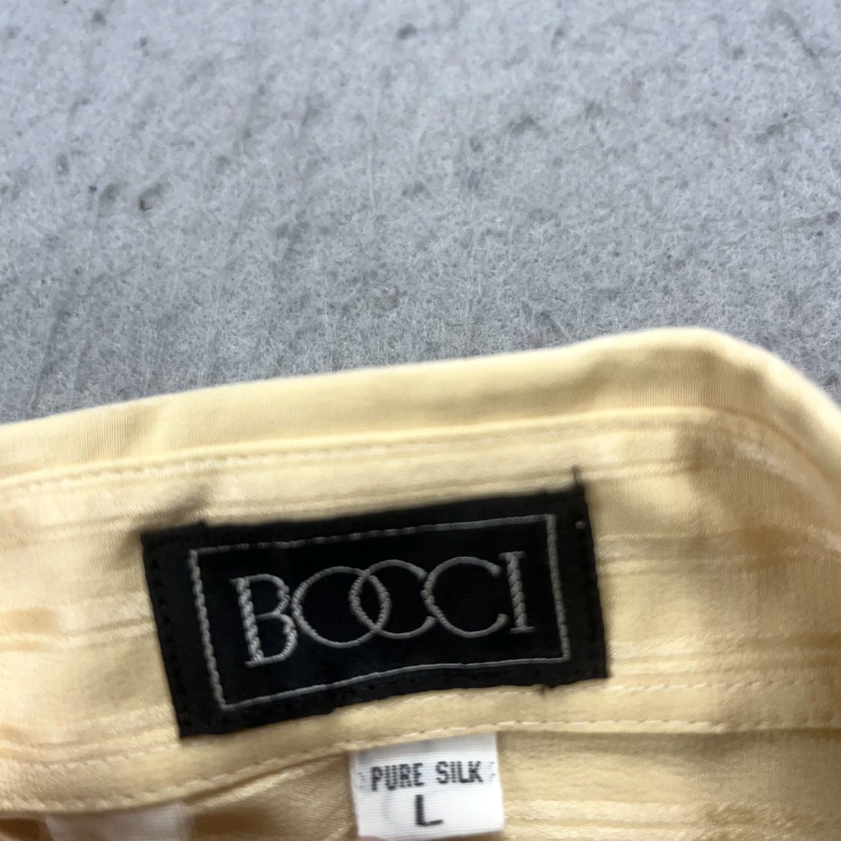 Vintage VINTAGE Booci Shirt Mens Large Yellow Tan 100% Silk Disco Long Sleeve 70s Shirt Mens Vintage Booci Yellow Silk Long Sleeve Button-Up 70s Size US L / EU 52-54 / 3 - 6 Thumbnail
