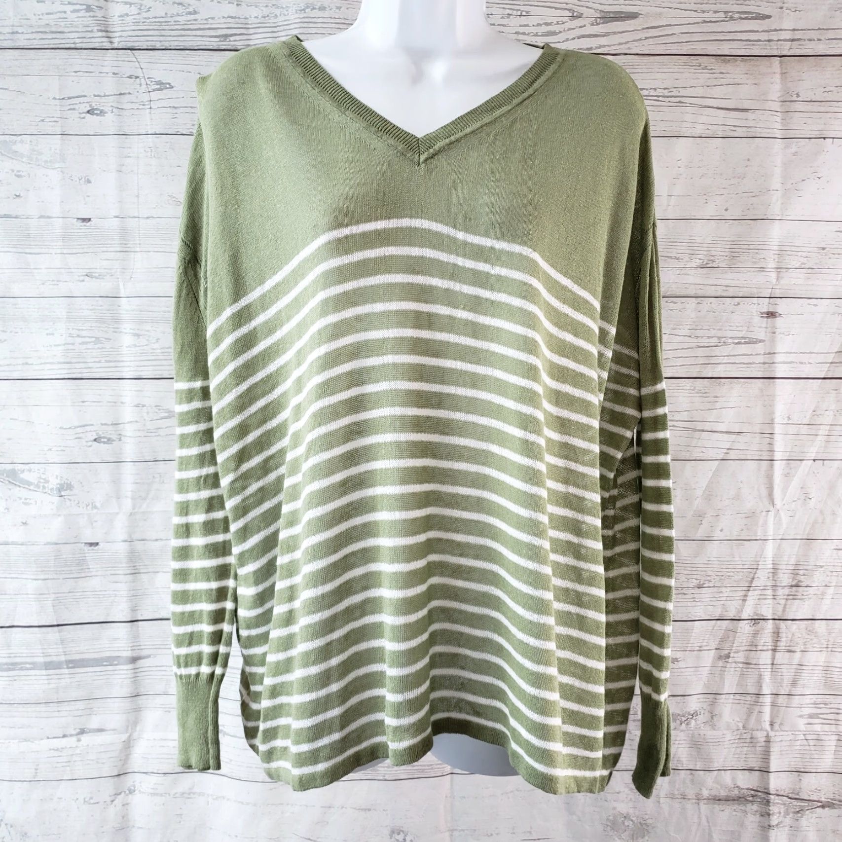 Lou & Grey Lou & Grey Womens Knit Top Striped Long Sleeve V-Neck Linen Blend Sz S Green White Shirt Blouse Size S / US 4 / IT 40 - 2 Thumbnail