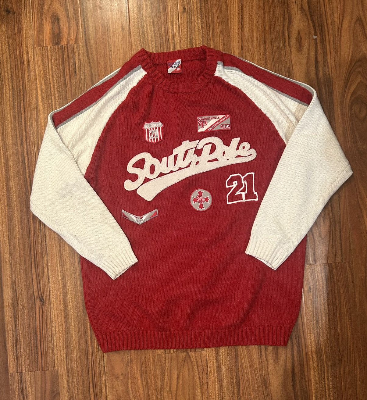Southpole Y2K Southpole Knit Sweater Red White Varsity Letterman Patch Size US XL / EU 56 / 4 - 1 Thumbnail
