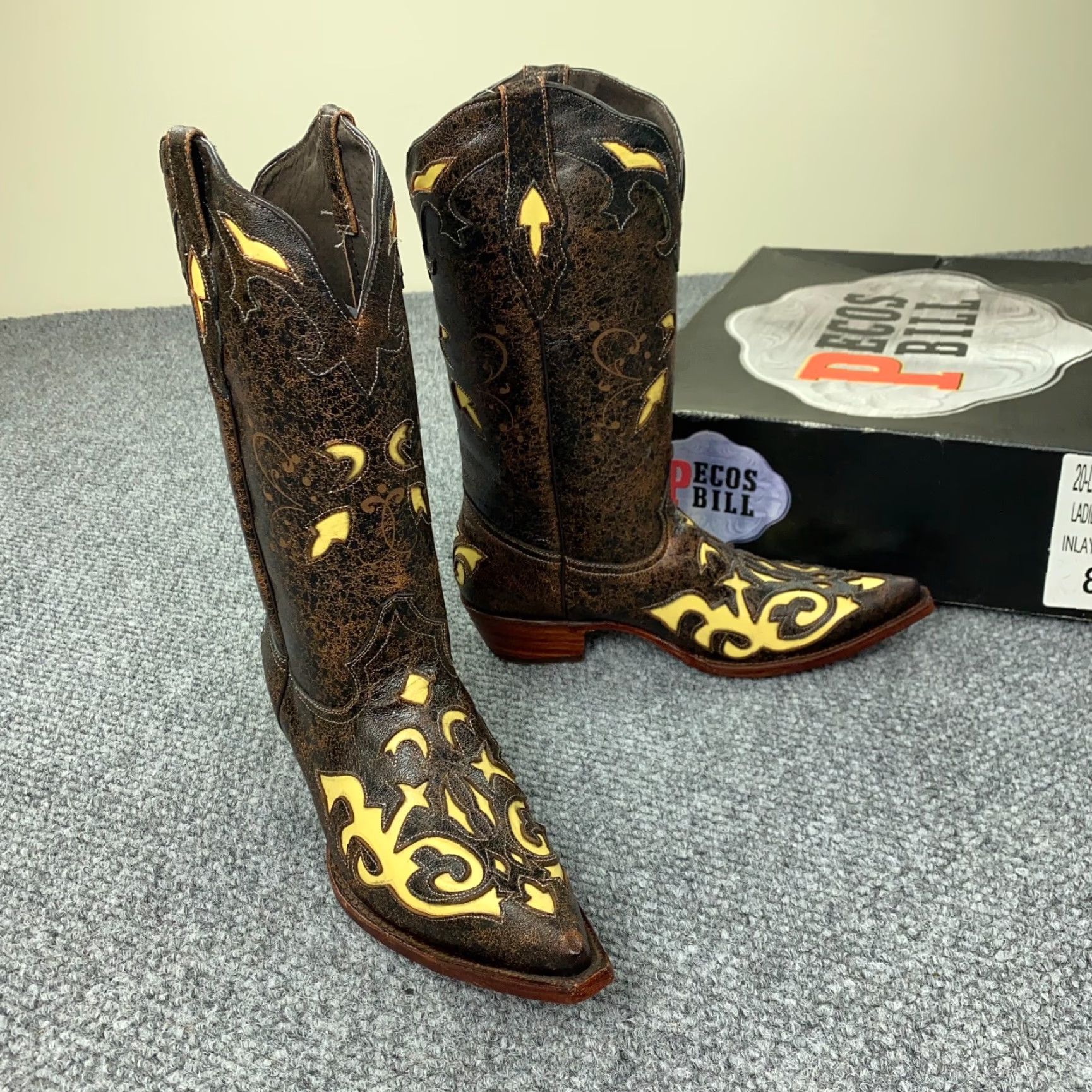 Vintage VINTAGE Pecos Bill Western Boots Womens 8 Brown Leather Cowgirl Fancy Inlay Mid-Calf Block Heel Size US 8 / IT 38 - 2 Thumbnail