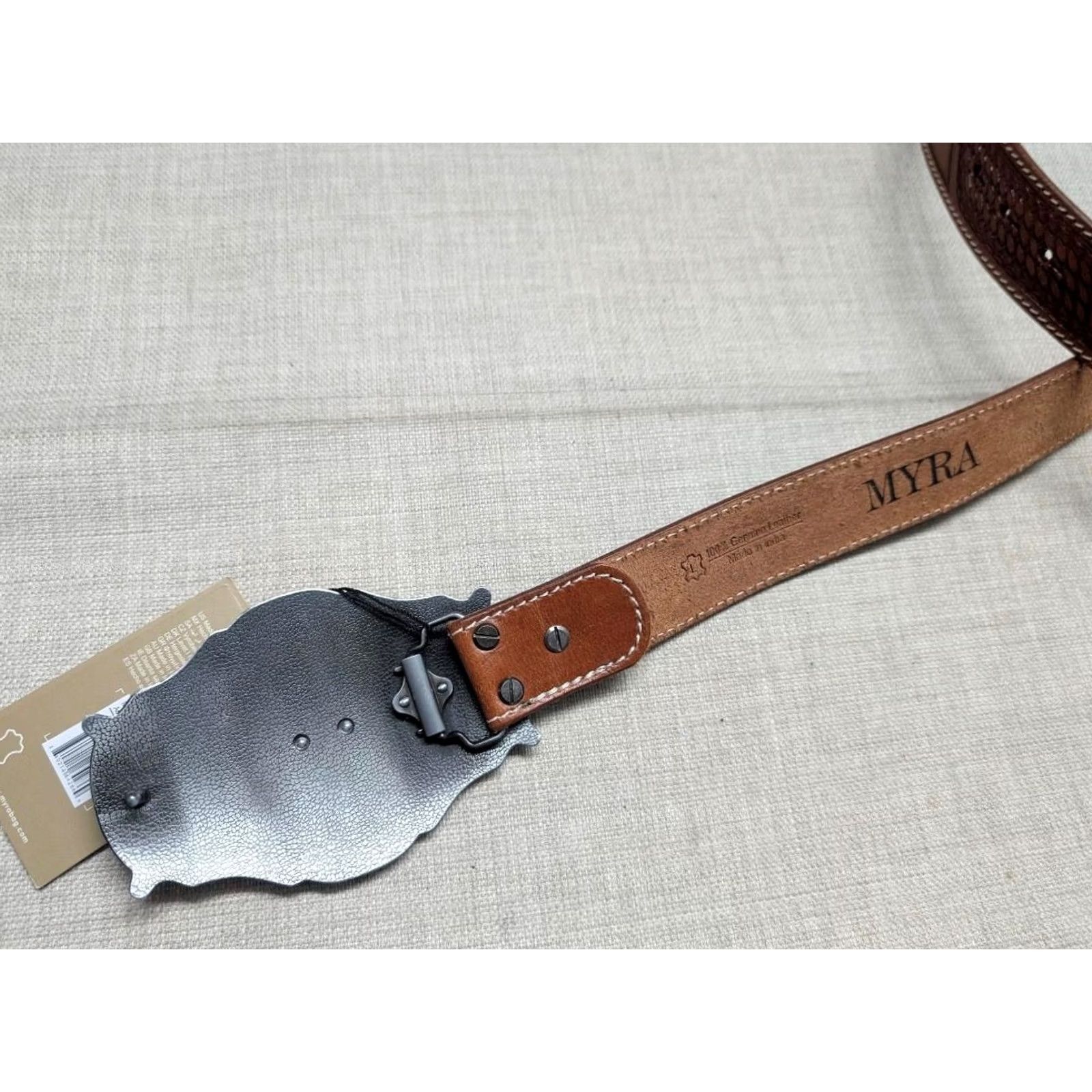 Vintage VINTAGE Myra belt Western Belt Unisex Adults 38 brown Tooled cowhide leather buckle belt 1-1/2" width Size 38 - 3 Thumbnail