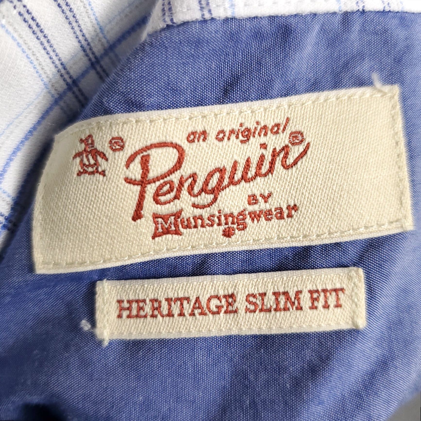 Vintage Penguin Dress Shirt Mens 17.5 Blue Plaid Long Sleeve Button Up Shirt Regular Fit Casual/Workwear Size 46R - 7 Thumbnail