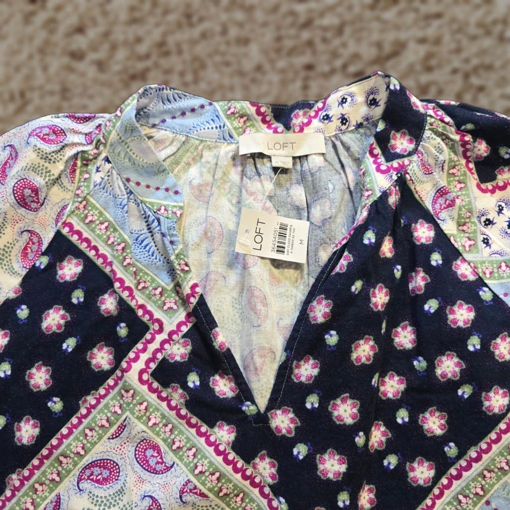 Loft LOFT Blouse Womens Size M Blue Pink Patchwork Peasant Casual V-Neck Long Sleeve Pullover Lightweight Floral Pattern Summer Spring Fall Regular Size M / US 6-8 / IT 42-44 - 1 Thumbnail