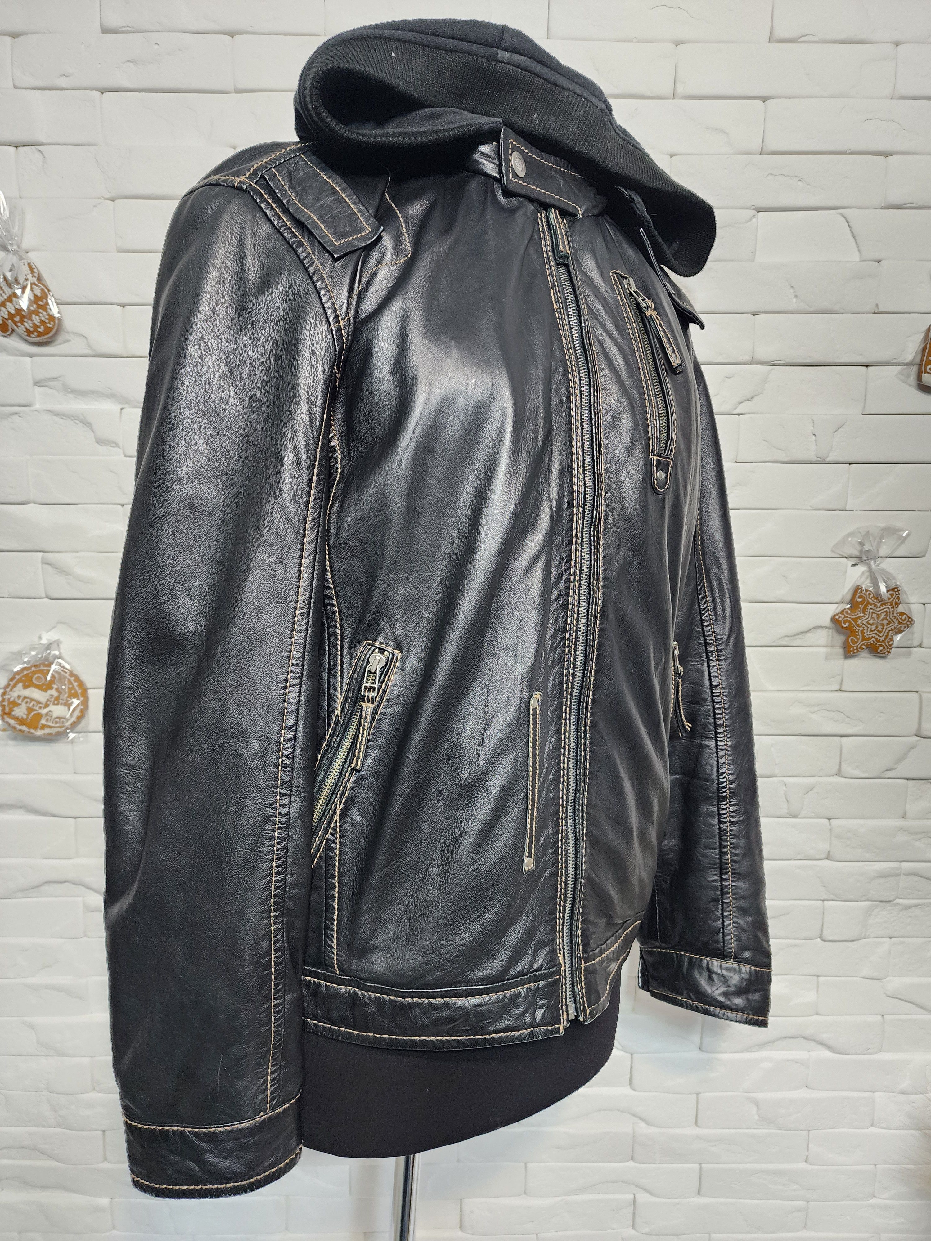 Genuine Leather Men's Black Leather Hooded Jacket: Knitted Collar & Hood. Size US L / EU 52-54 / 3 - 4 Thumbnail