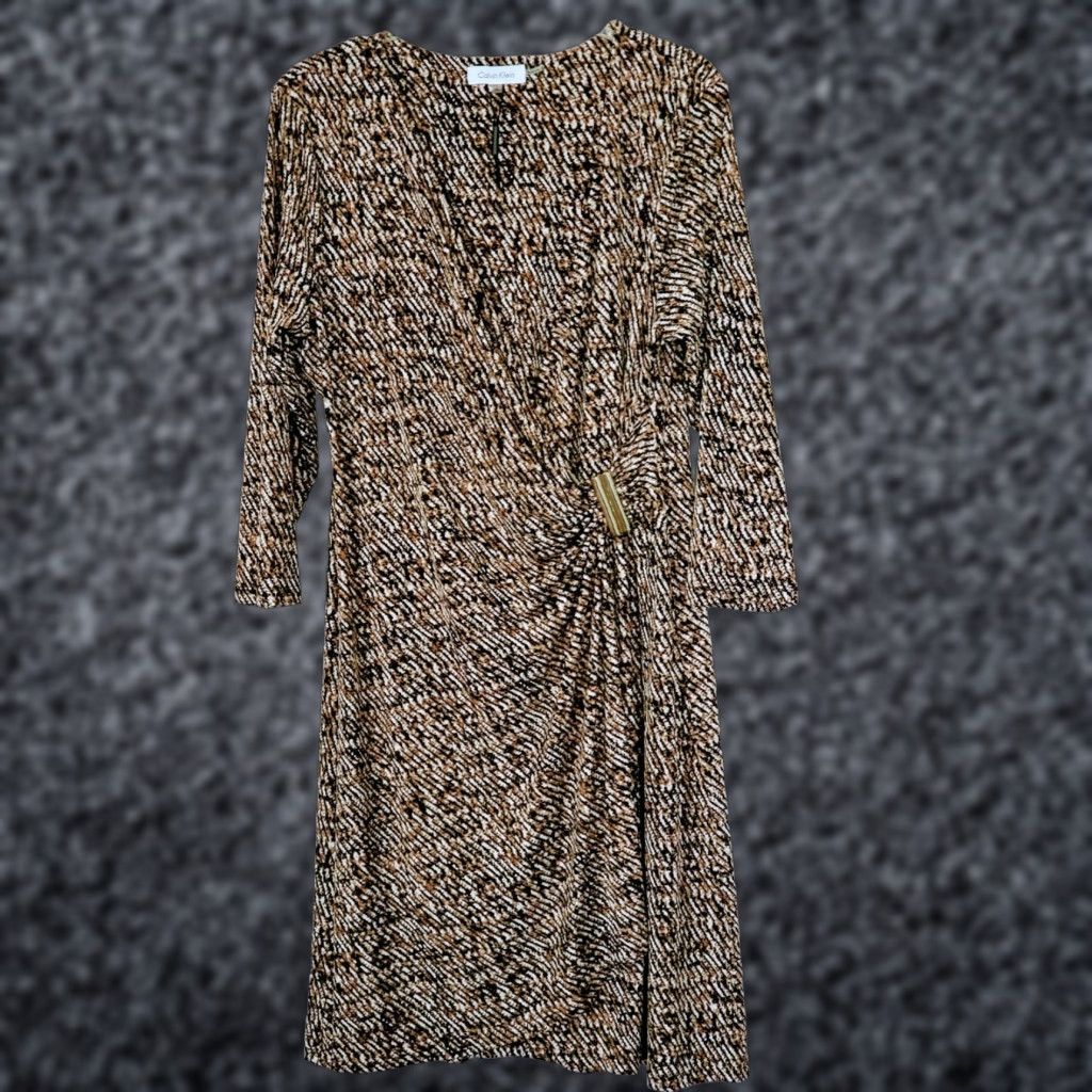 Calvin Klein Wiggle Dress Spotted Print Ruched V-Neck Midi Dress L Women Black Brown Abstract Pattern 3/4 Sleeve Knee Length B45