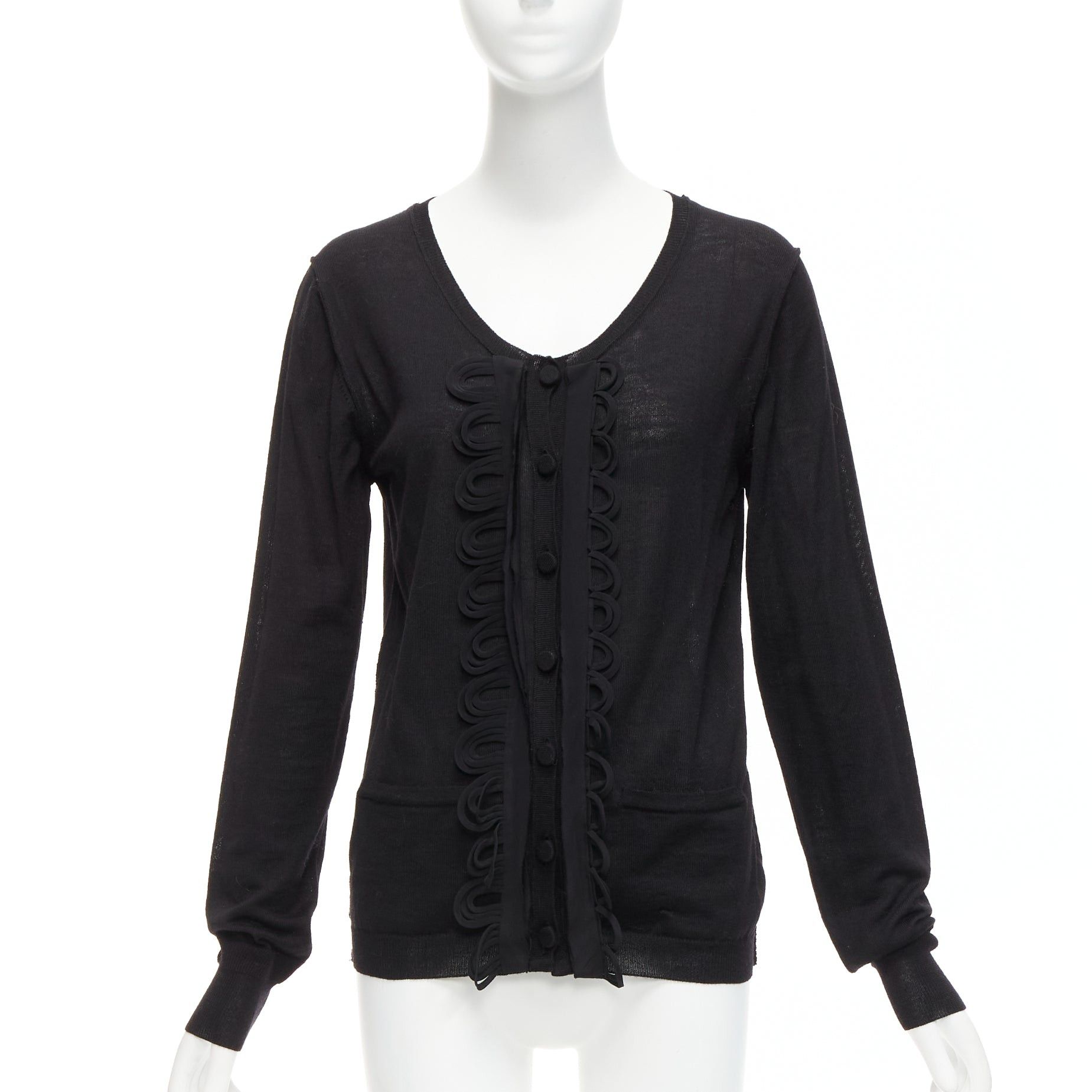 image of Chloe Black Wool Military Scallop Loop Ruffle Scoop Neck Cardigan M, Women's (Size Medium)