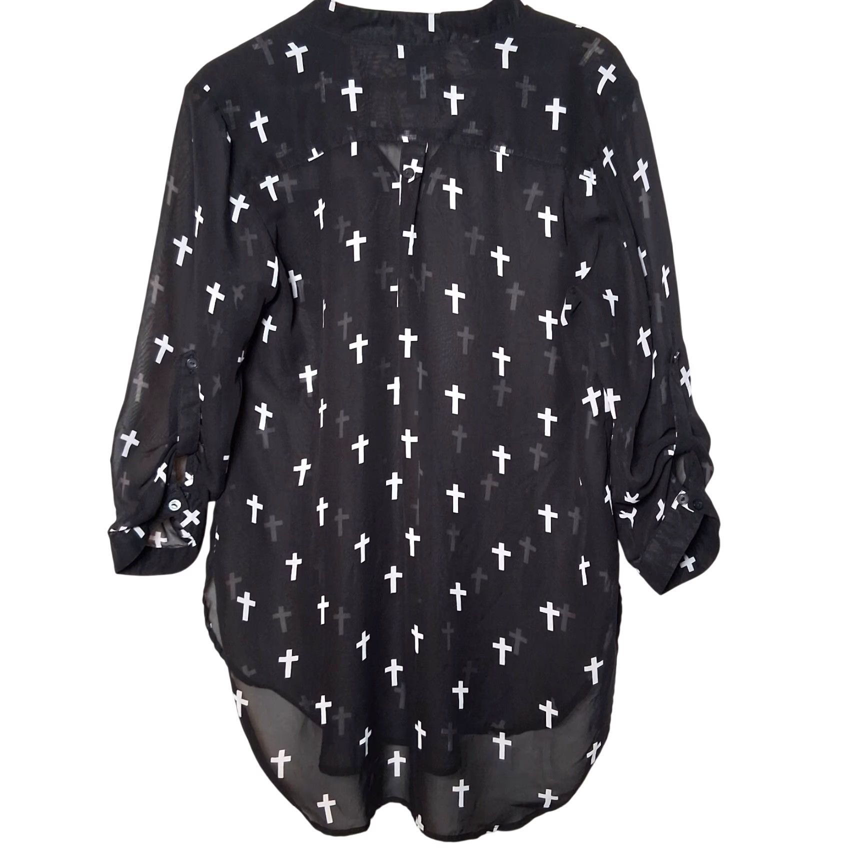 Vintage VINTAGE Emo Holy Cross Blouse XL Black Sheer Roll Tab Sleeve Henley Button Ladies Long Sleeve Gothic Casual Womens Size XL / US 12-14 / IT 48-50 - 2 Thumbnail