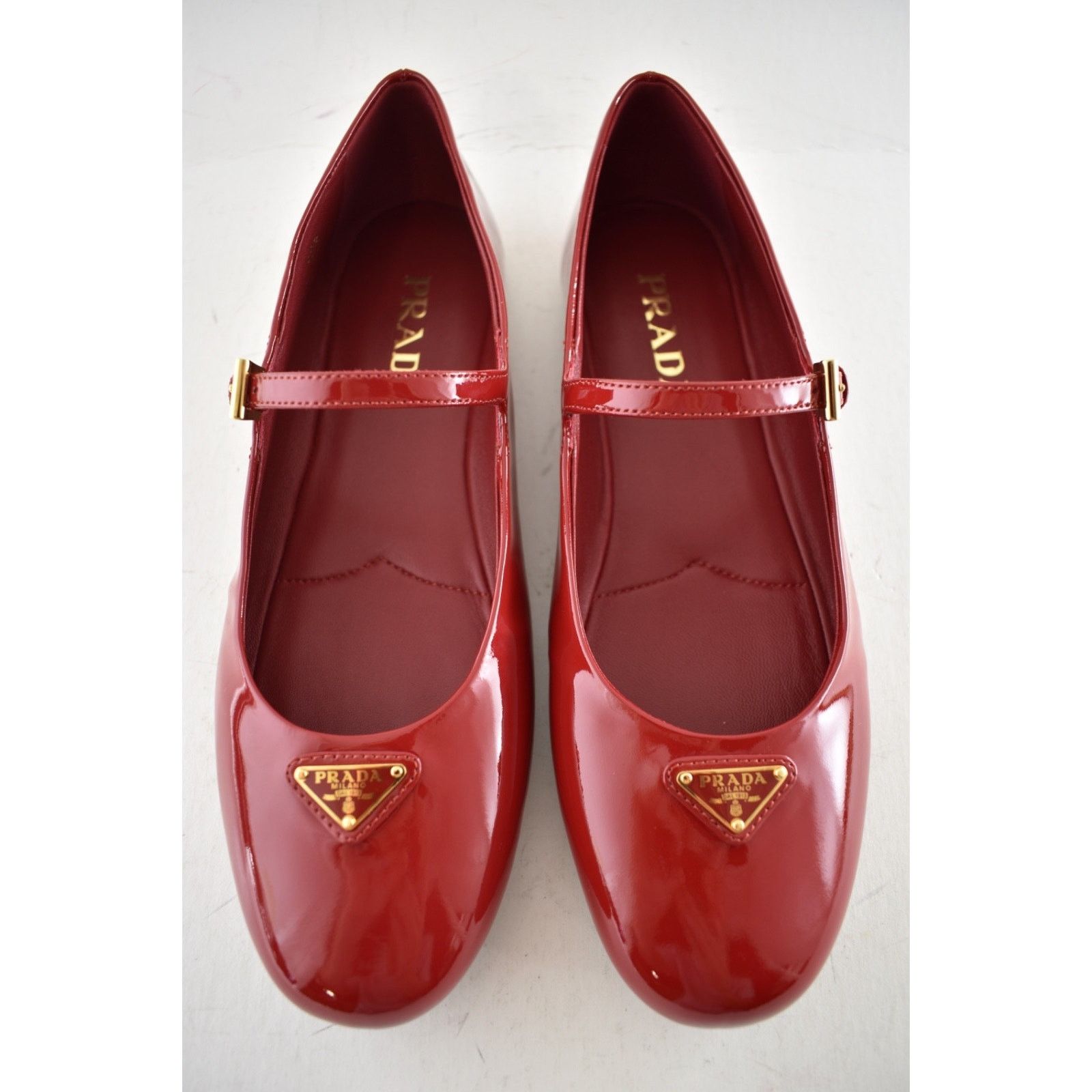 Prada Prada Cherry Red Patent Gold Triangle Logo Mary Jane Size US 8.5 / IT 38.5 - 8 Thumbnail