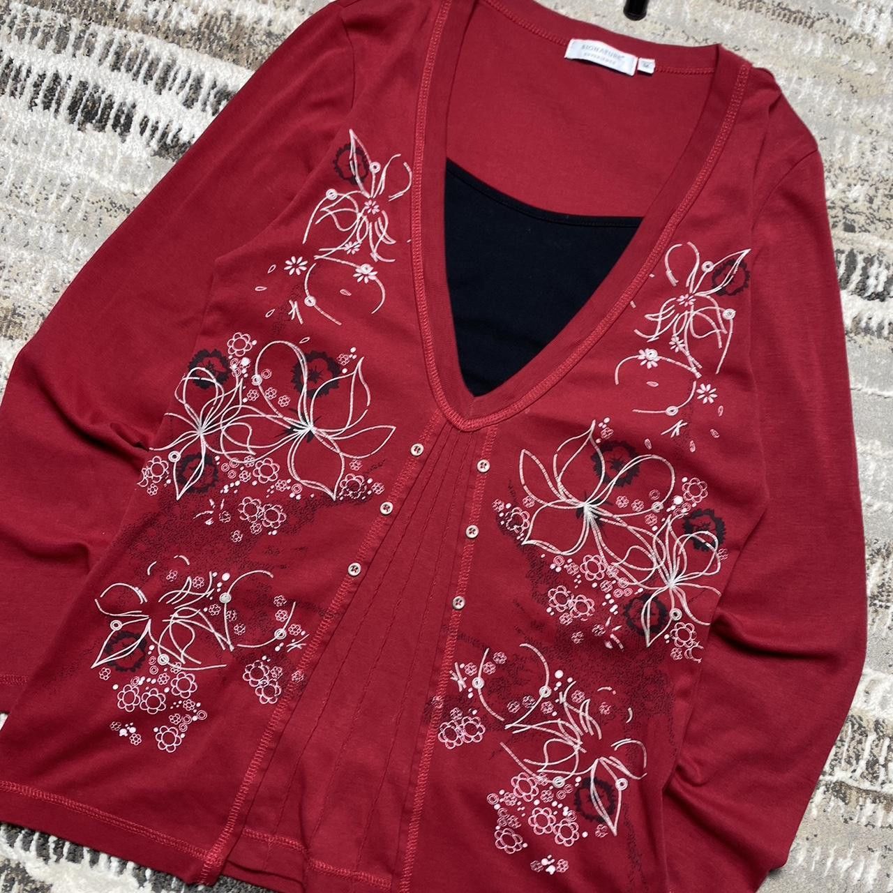 Japanese Brand 00s Flower Embroidered Longsleeve Red M Size M / US 6-8 / IT 42-44 - 2 Thumbnail
