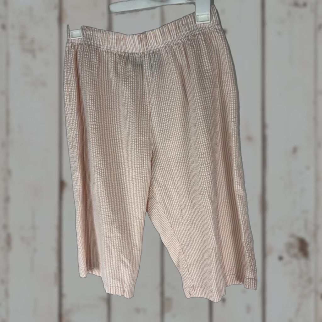 Vintage Bobbie Brooks Pants Cropped Wide-Leg Seersucker Peach/White Stripe Womens M Pull On 100% Cotton Inseam 14in Regular Size Size 32" / US 10 / IT 46 - 1 Thumbnail