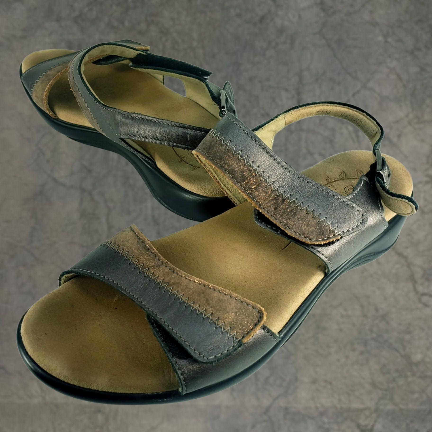 SAS SAS Womens Sandals 7.5W Nudu Leather Two Tone Pewter Bronze Metal Strappy Comfort Buckle Size US 8 / IT 38 - 1 Thumbnail