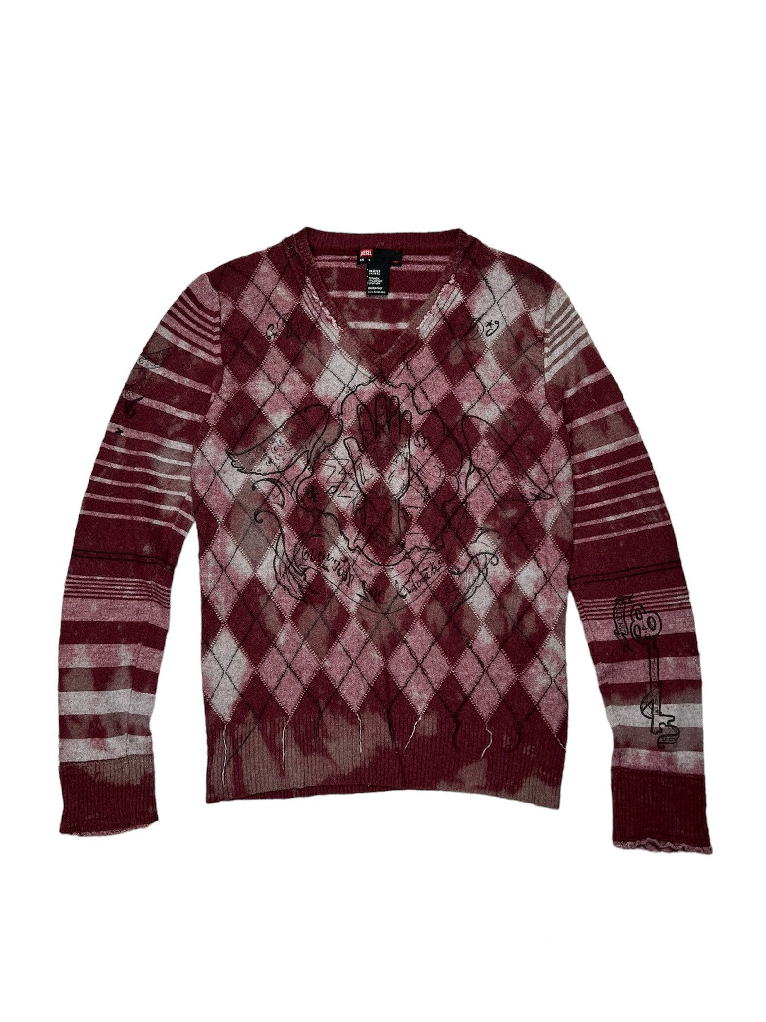 image of Diesel x Vintage Y2K Dyed Argyle Wool Criminal Tattoo Mafia Sweater in Red, Men's (Size Small)